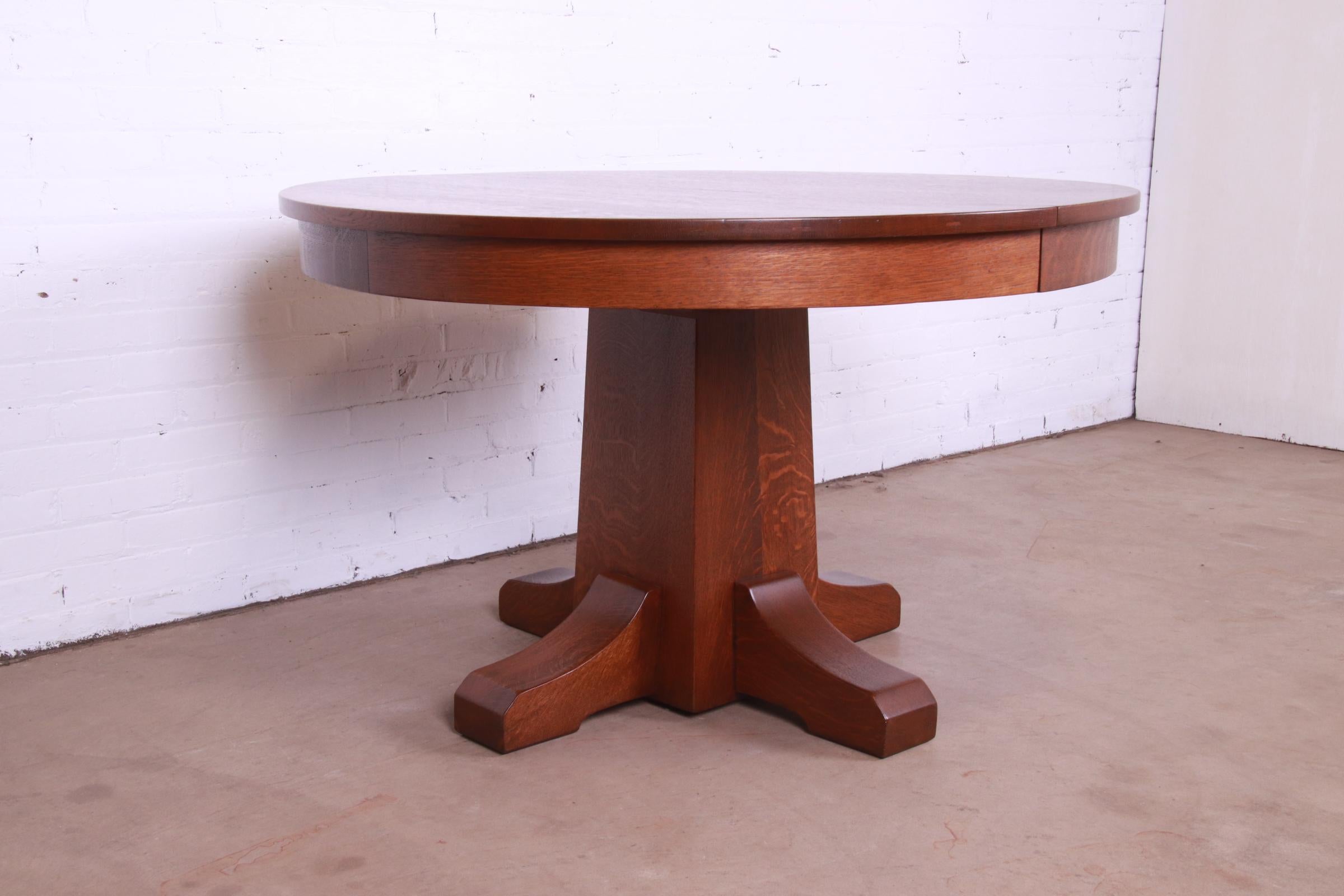 Arts and Crafts Antique L. & J.G. Stickley Arts & Crafts Oak Extension Pedestal Dining Table For Sale