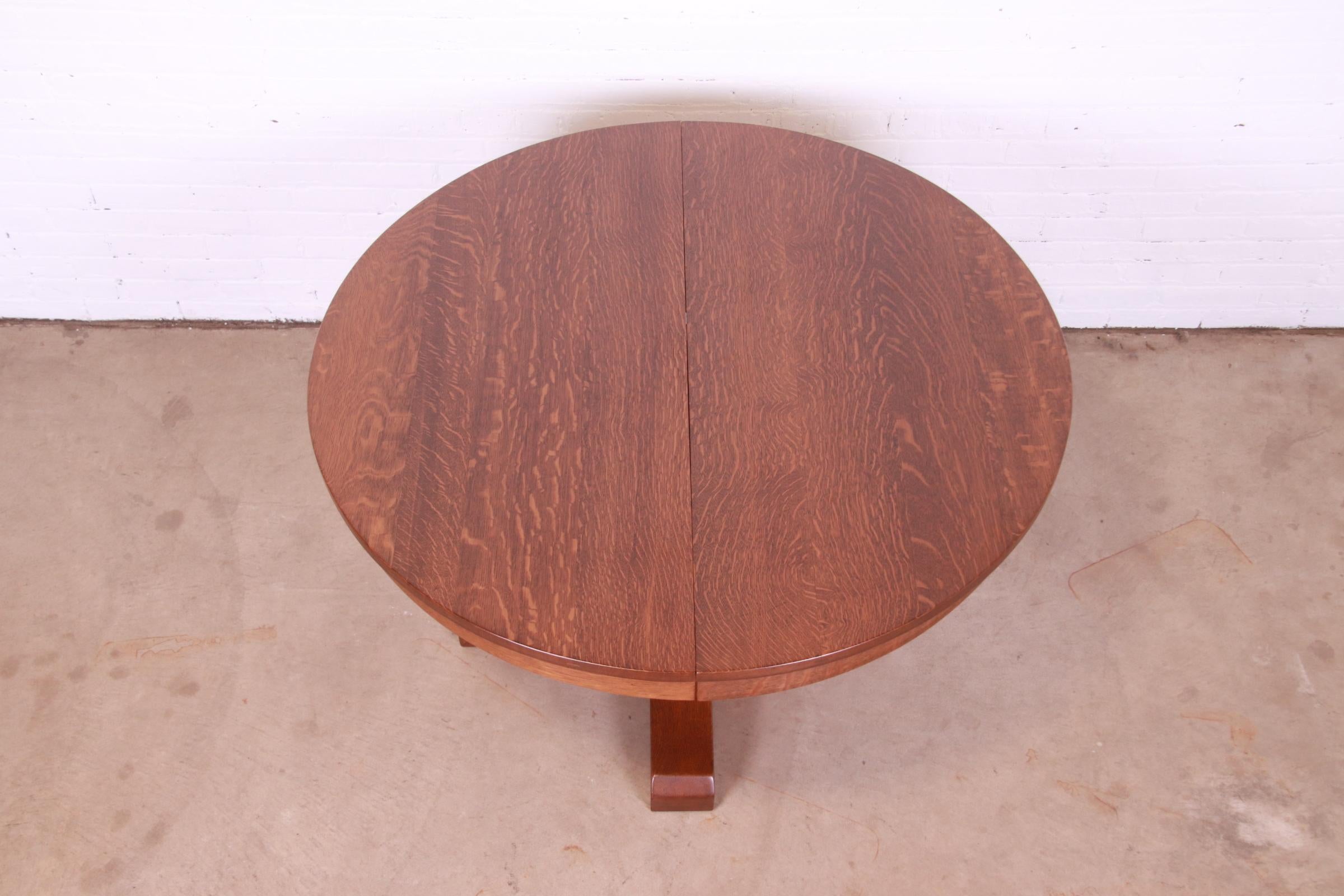 American Antique L. & J.G. Stickley Arts & Crafts Oak Extension Pedestal Dining Table For Sale
