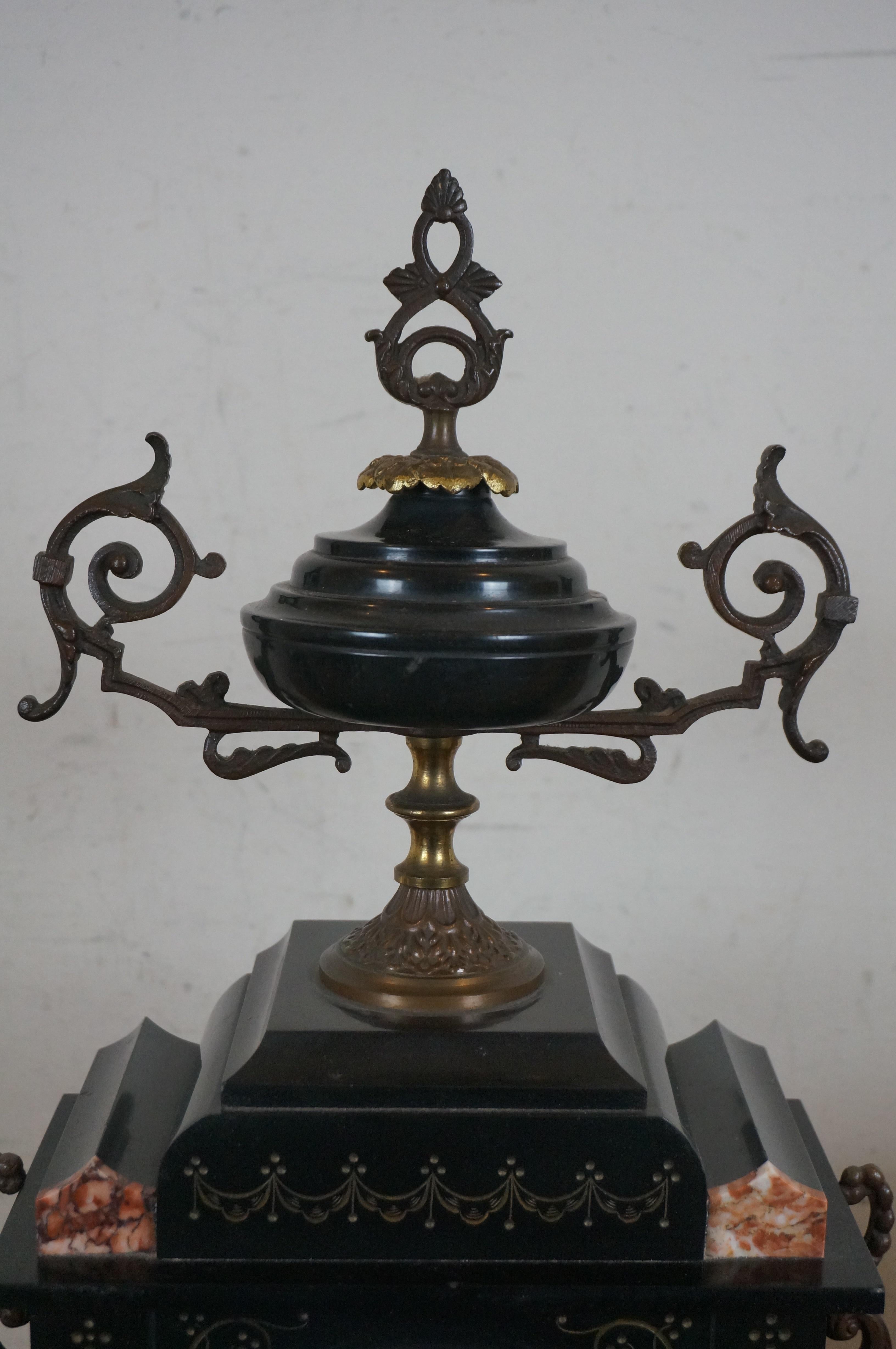 Antique L Marti et Cie Reuge Marble Slate Bronze Mantel Clock Garniture Set 1889 For Sale 4