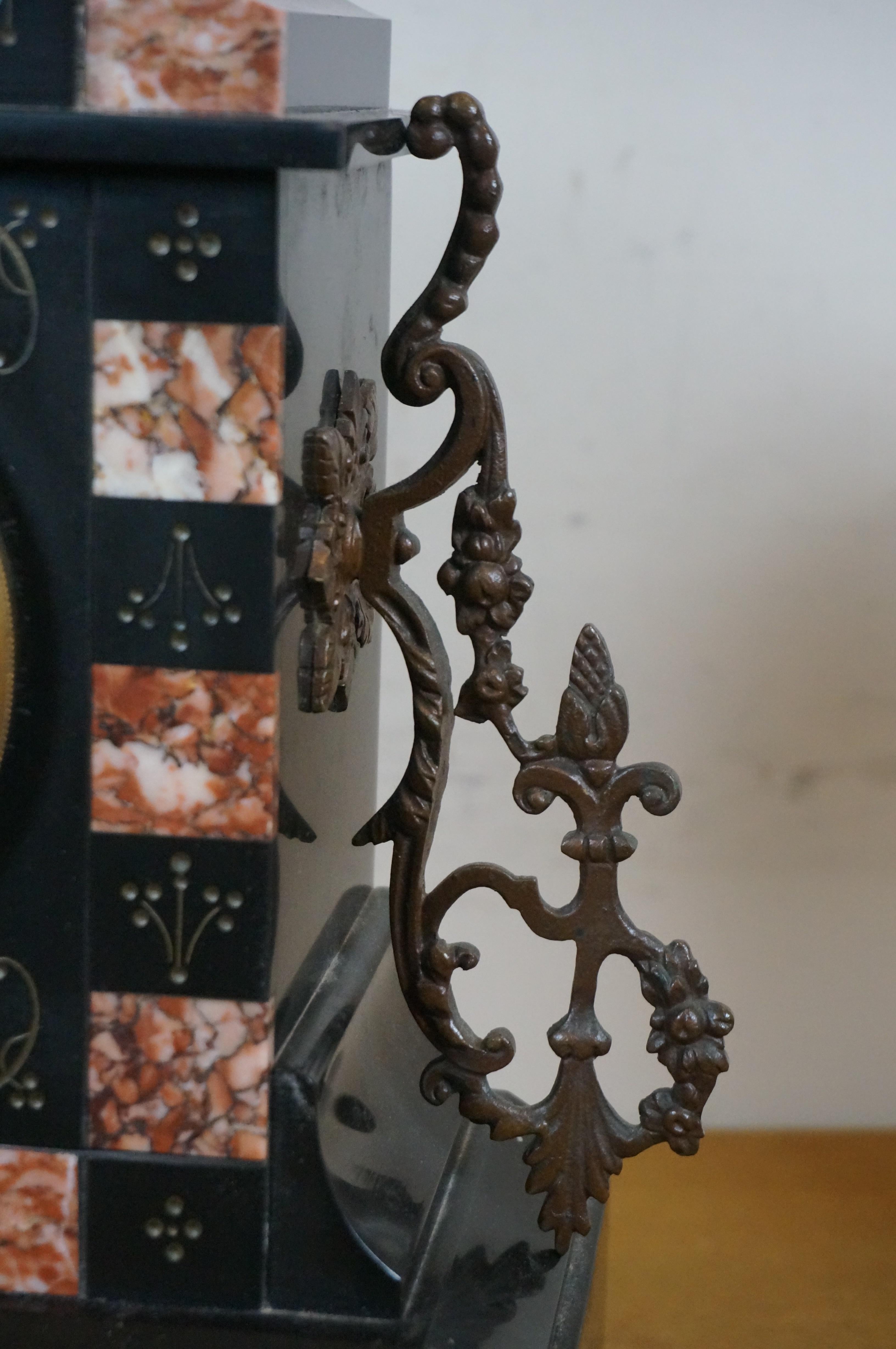 Antique L Marti et Cie Reuge Marble Slate Bronze Mantel Clock Garniture Set 1889 For Sale 6
