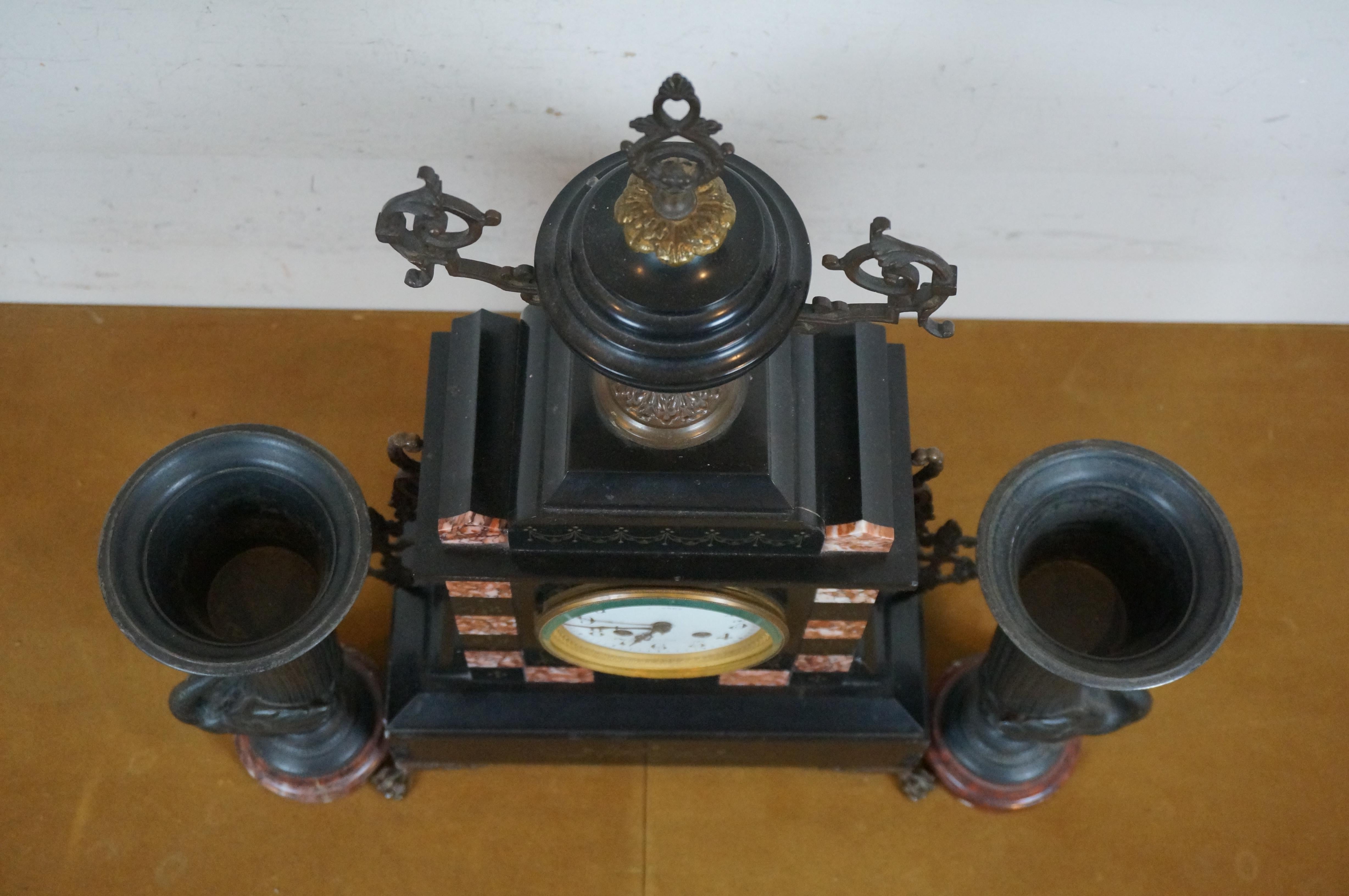 French Antique L Marti et Cie Reuge Marble Slate Bronze Mantel Clock Garniture Set 1889 For Sale
