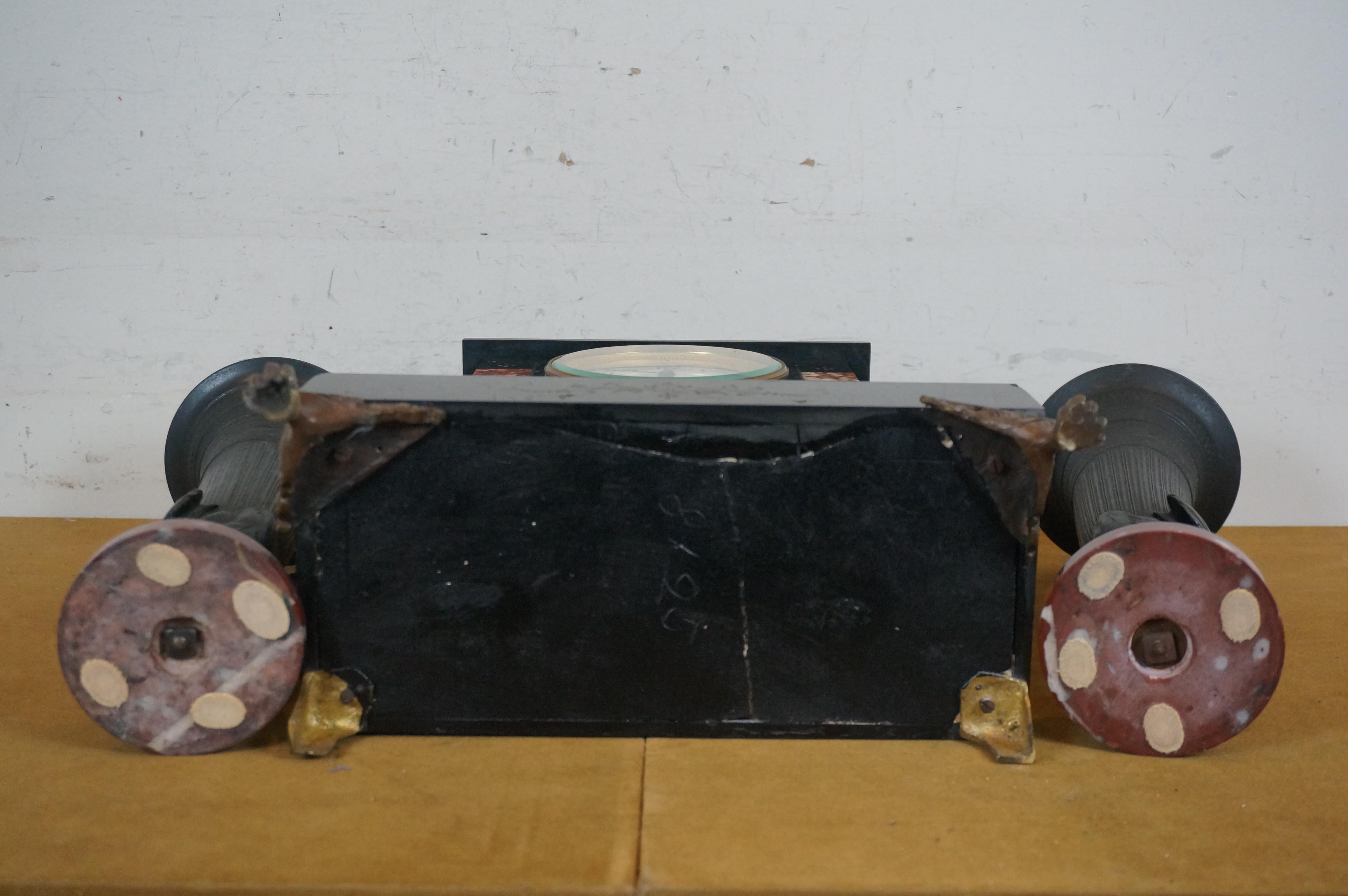 Antique L Marti et Cie Reuge Marble Slate Bronze Mantel Clock Garniture Set 1889 In Good Condition For Sale In Dayton, OH