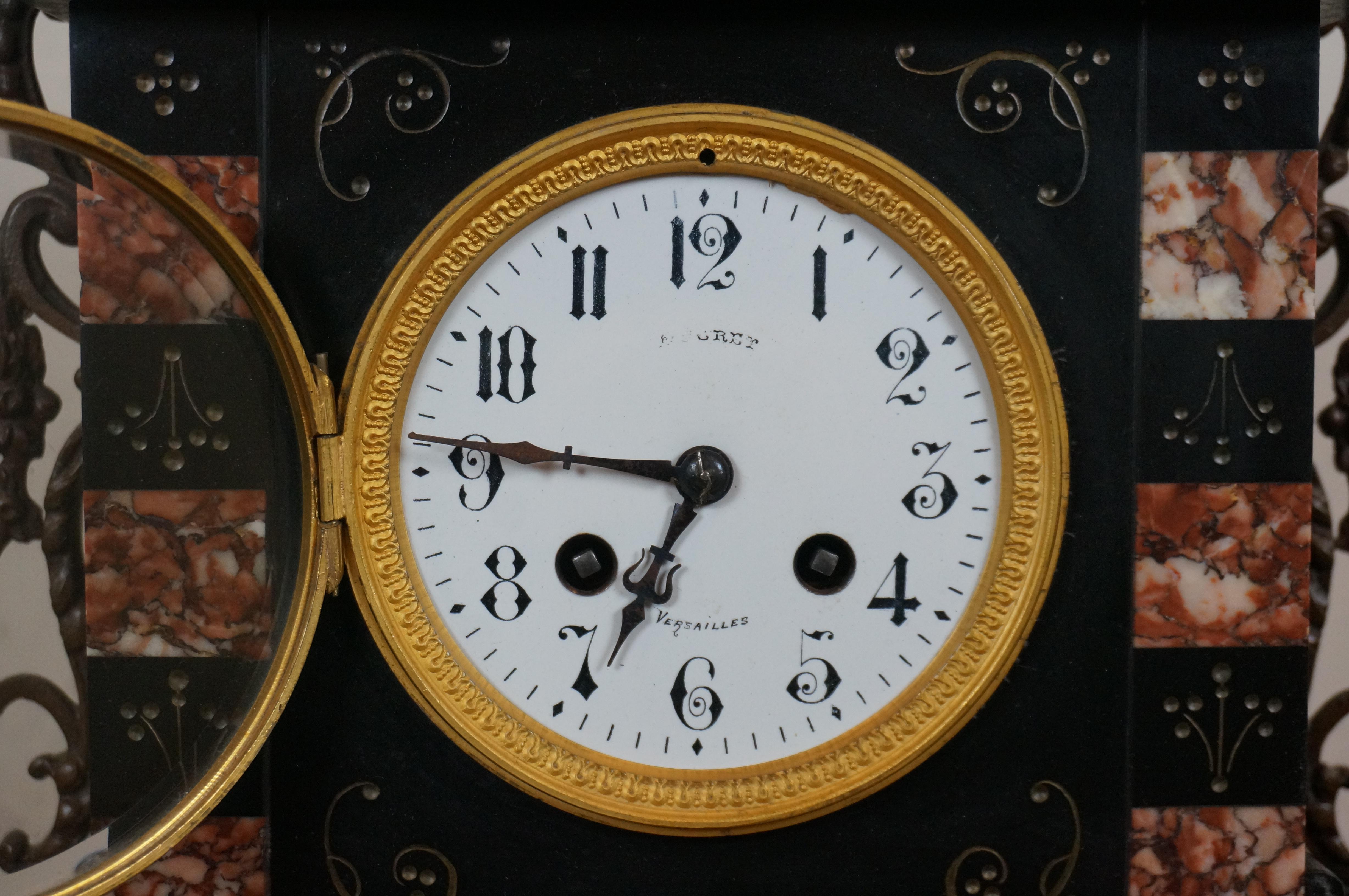 19th Century Antique L Marti et Cie Reuge Marble Slate Bronze Mantel Clock Garniture Set 1889 For Sale
