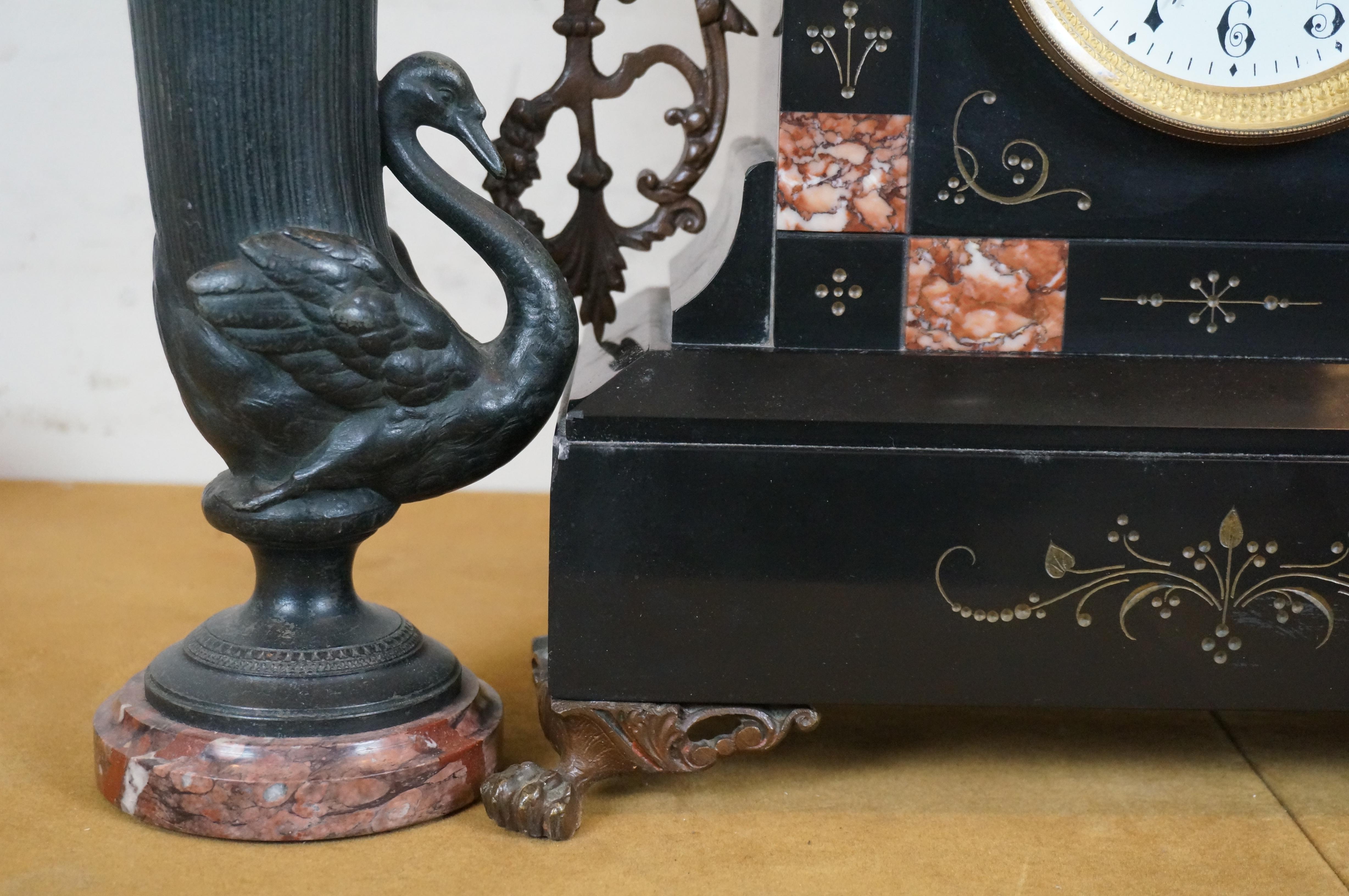 Antique L Marti et Cie Reuge Marble Slate Bronze Mantel Clock Garniture Set 1889 For Sale 1