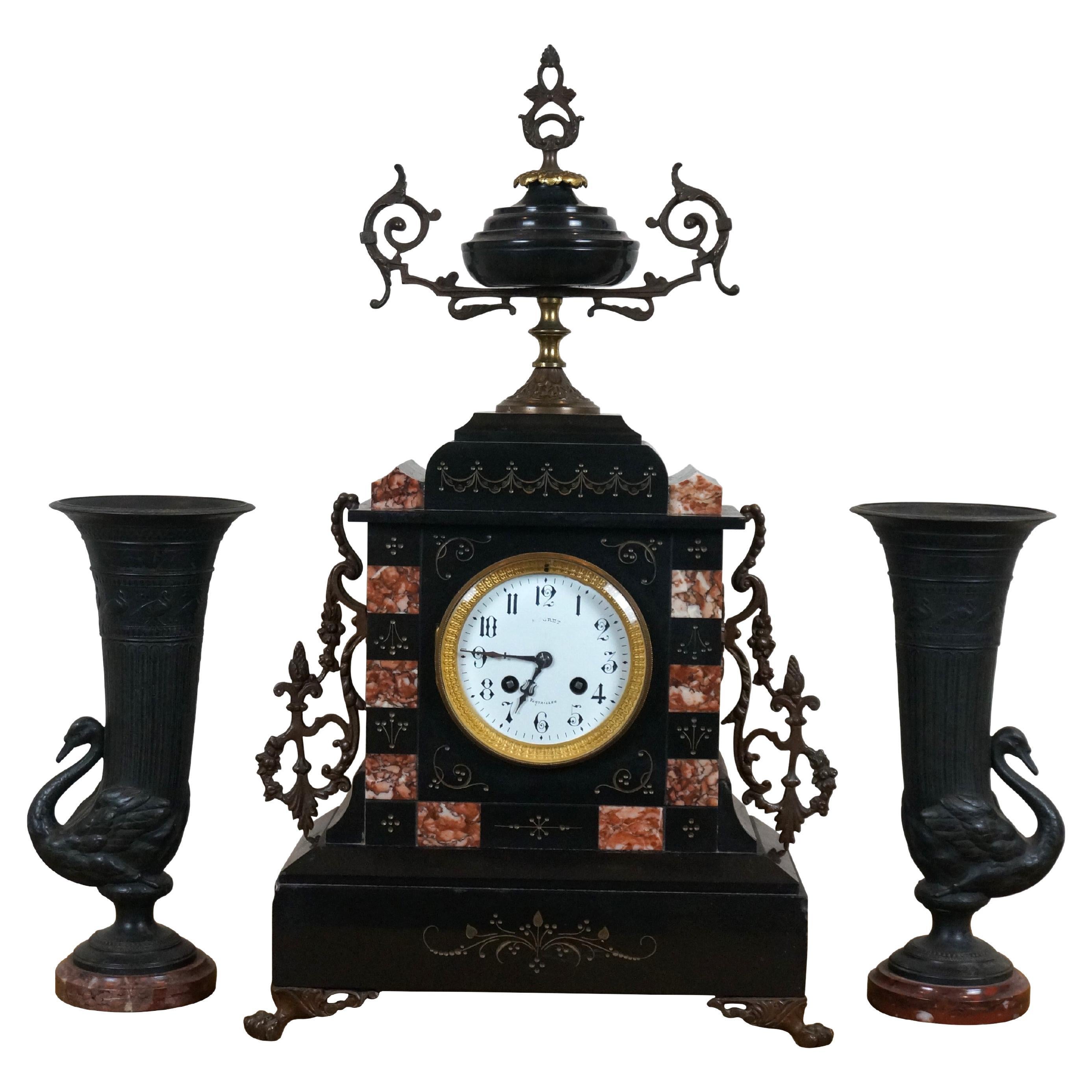 Antico I.L.A. et Cie Reuge Marble Slate Bronze Mantel Clock Garniture Set 1889