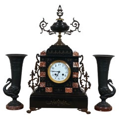 Antiguo L. Marti et Cie Reuge Mármol Pizarra Bronce Reloj de chimenea Garniture Set 1889