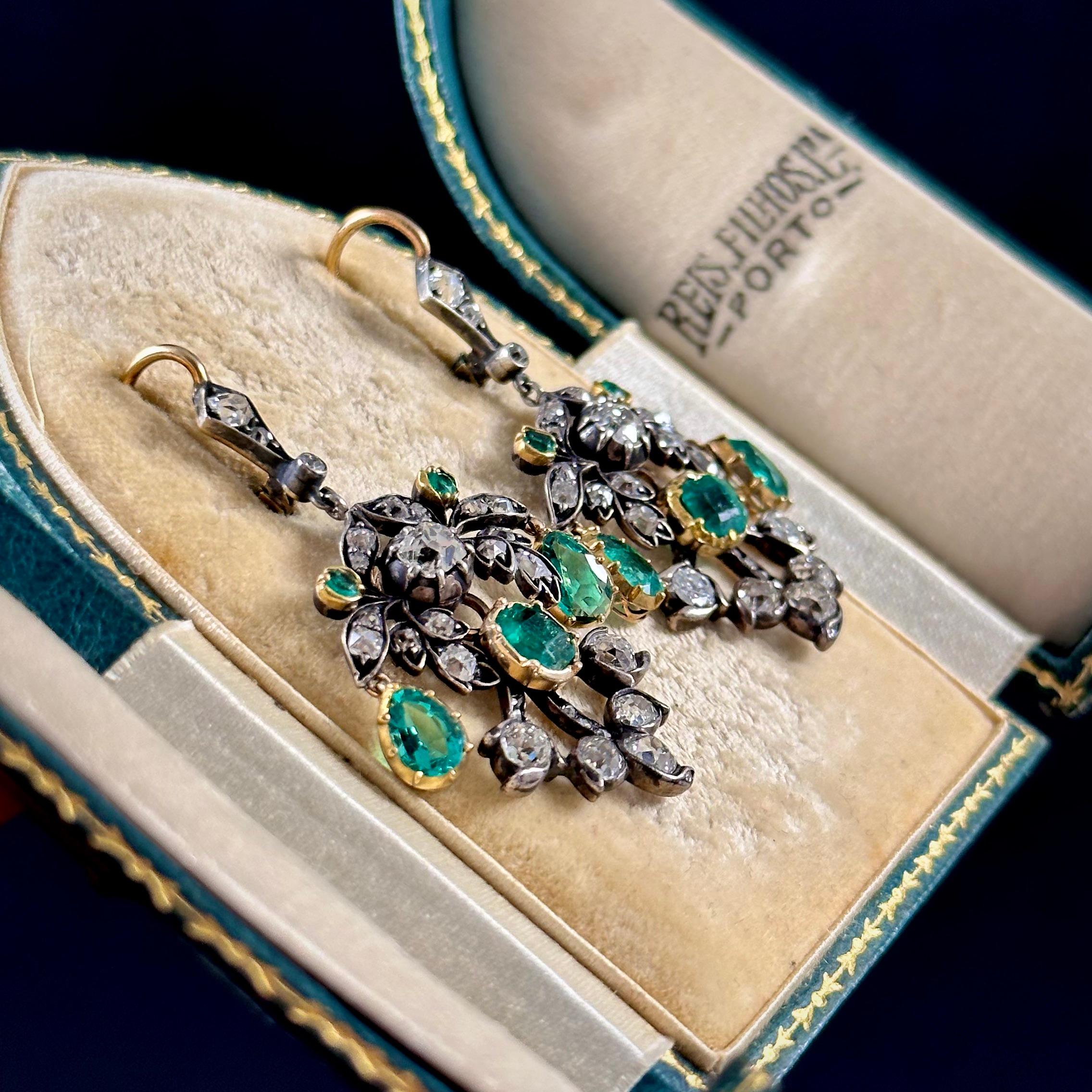 Antike kolumbianische Smaragd-Diamant-Ohrringe aus Silber und Gold aus der Belle Epoque, um 1915 im Angebot 6