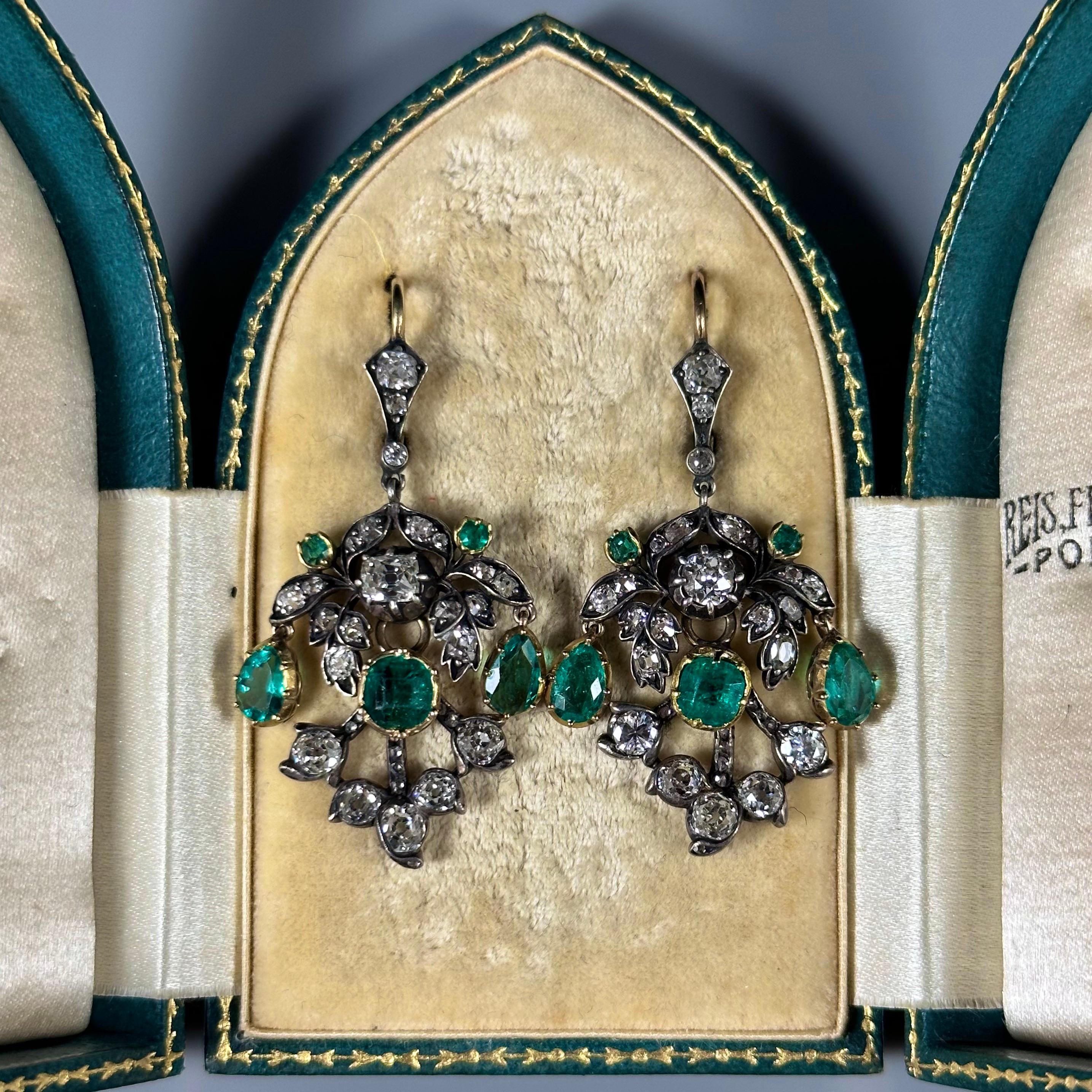 Belle Époque Antique La Belle Epoque Colombian Emerald Diamond Earrings Silver Gold, C. 1915 For Sale