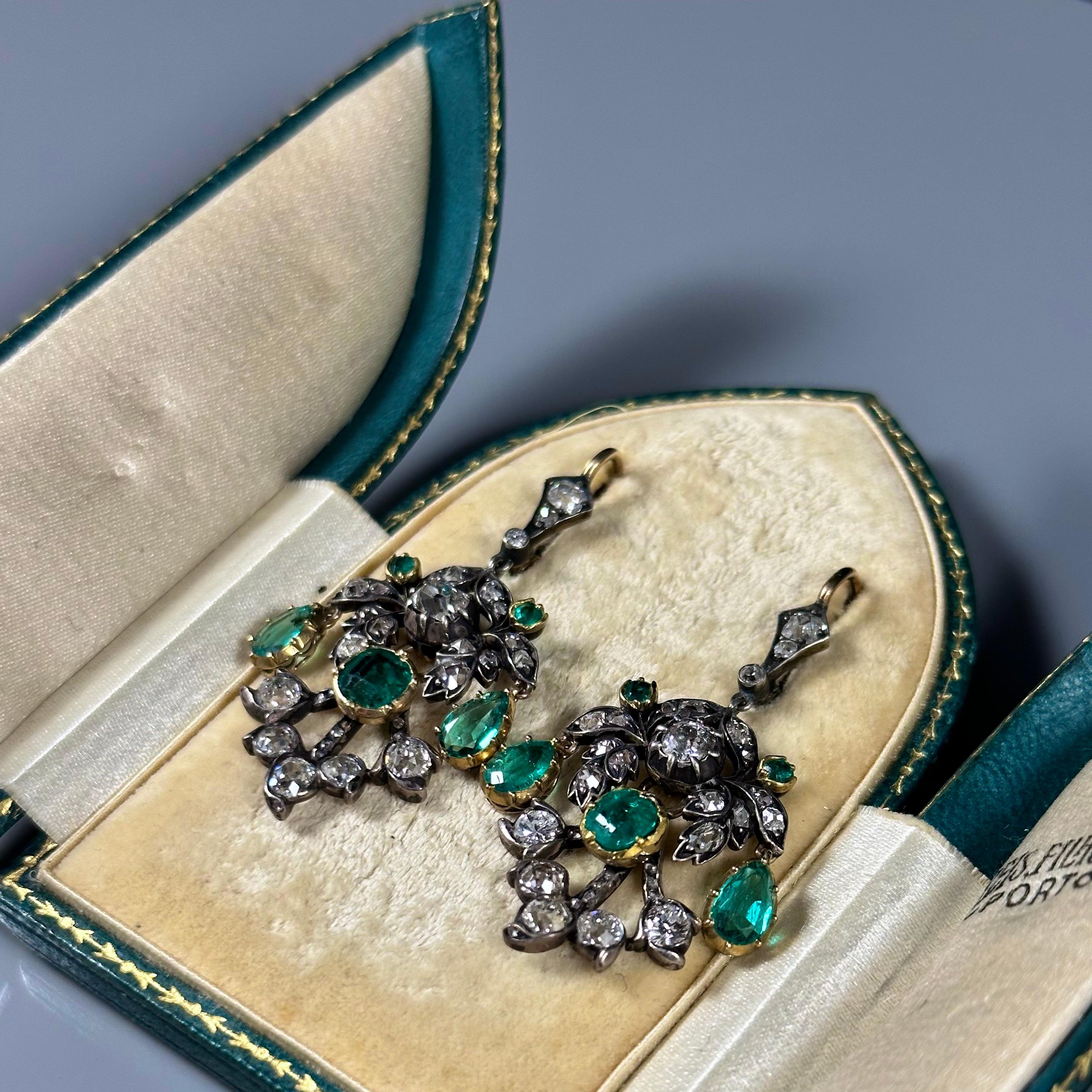 Old Mine Cut Antique La Belle Epoque Colombian Emerald Diamond Earrings Silver Gold, C. 1915 For Sale