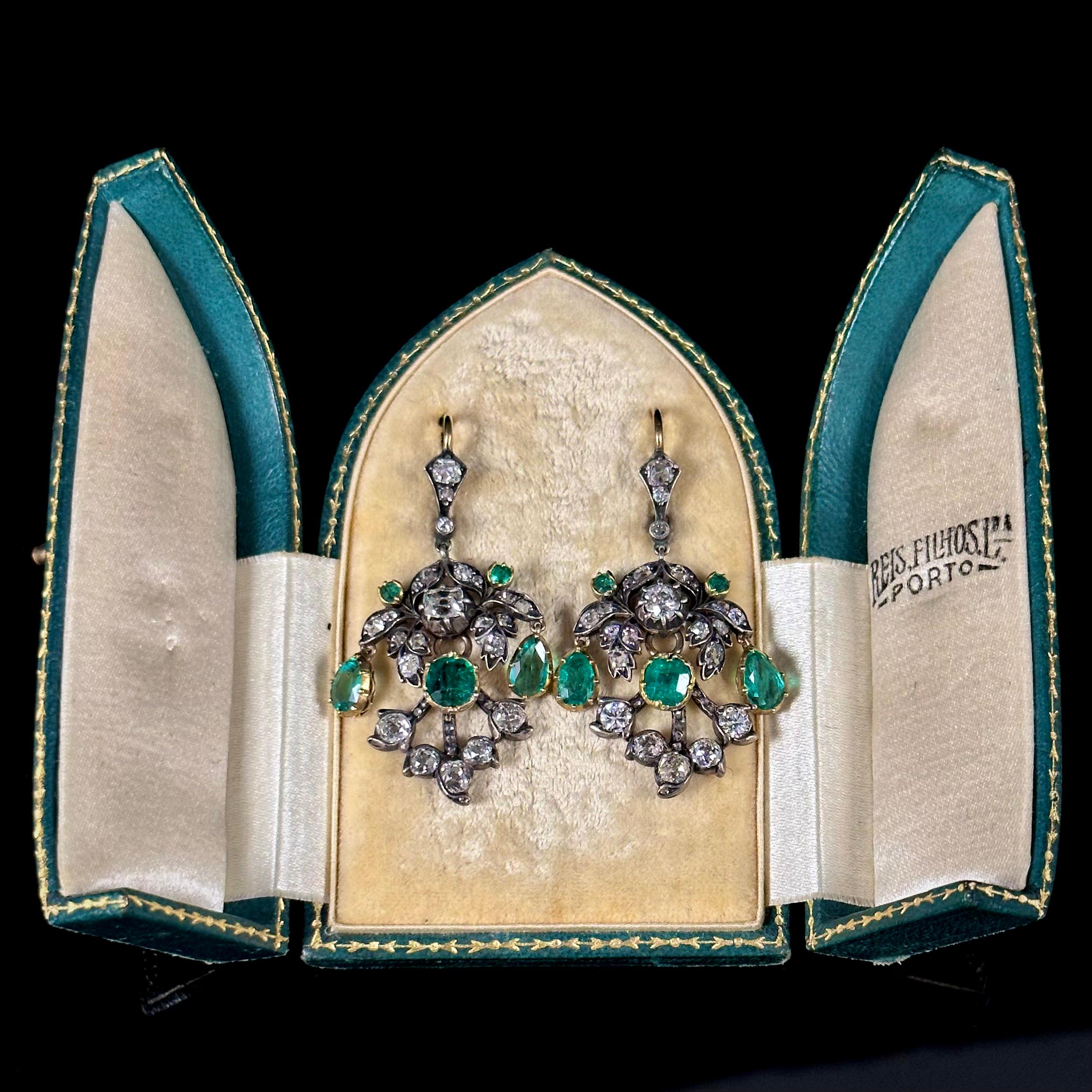 Antique La Belle Epoque Colombian Emerald Diamond Earrings Silver Gold, C. 1915 For Sale 1