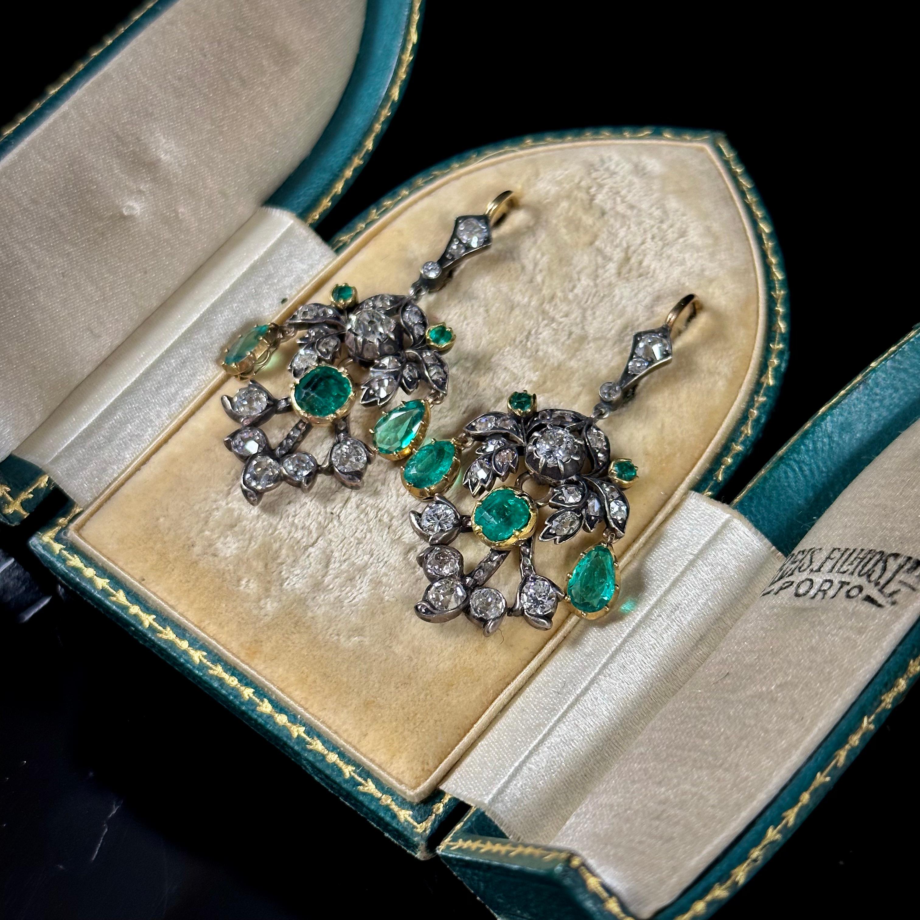 Antique La Belle Epoque Colombian Emerald Diamond Earrings Silver Gold, C. 1915 For Sale 2