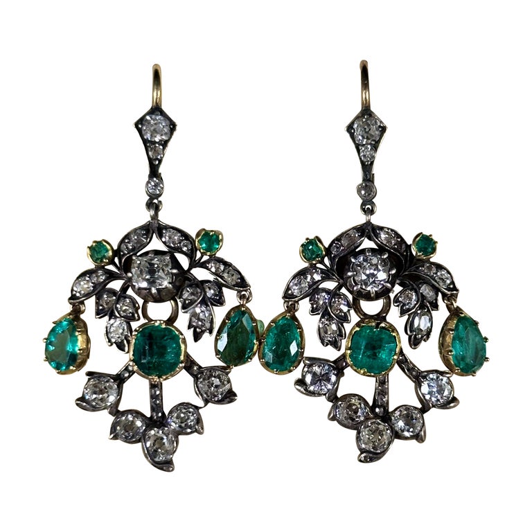 Antique La Belle Epoque Colombian Emerald Diamond Earrings Silver