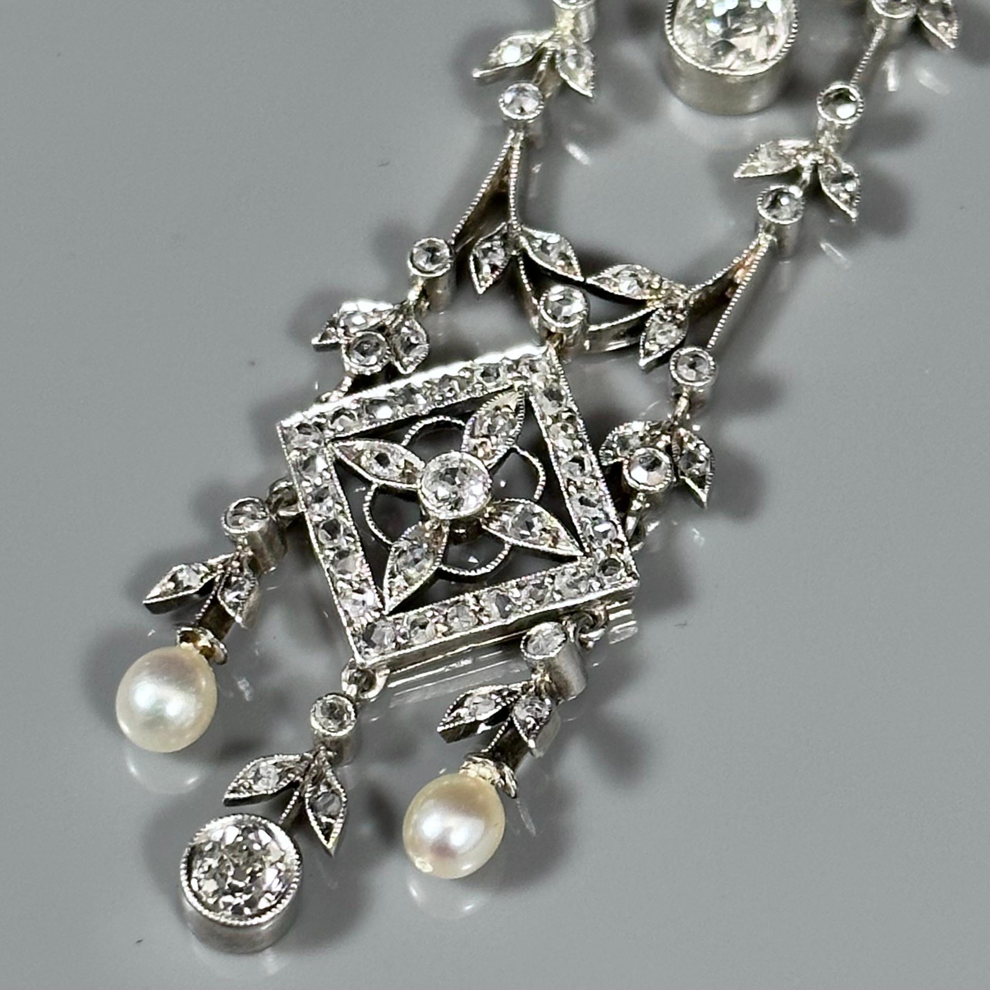 Antique La Belle Epoque Edwardian Natural Pearl Diamond Pendant Platinum Gold For Sale 4