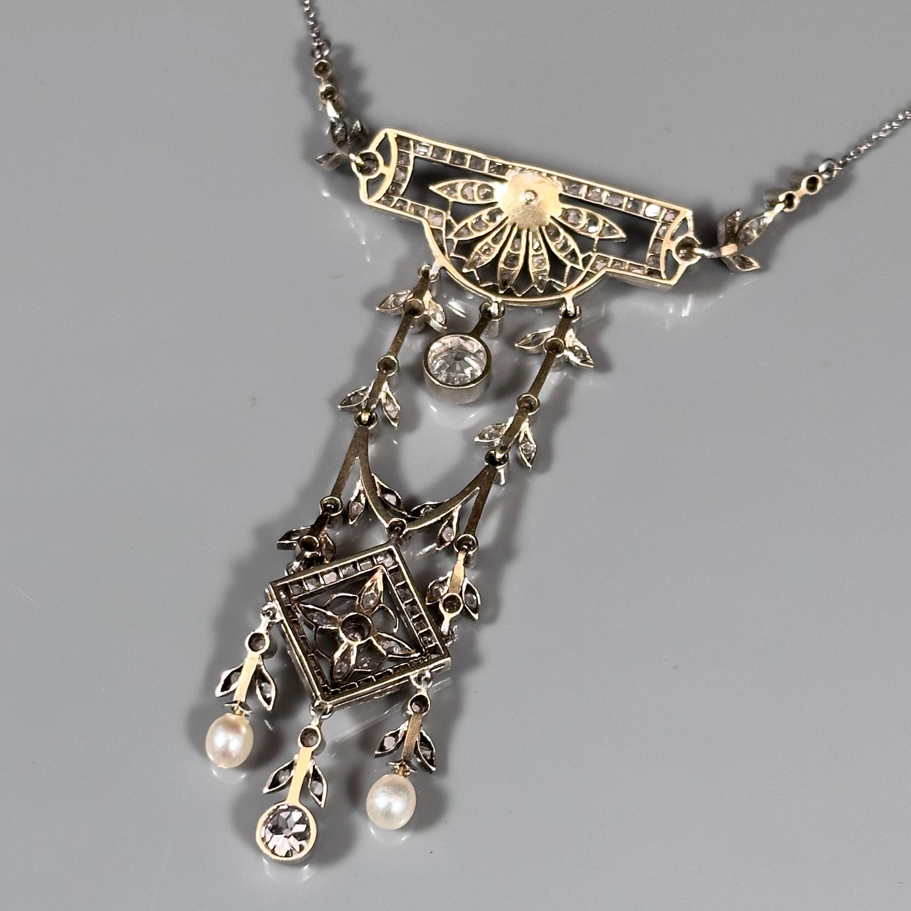 Antique La Belle Epoque Edwardian Natural Pearl Diamond Pendant Platinum Gold For Sale 5