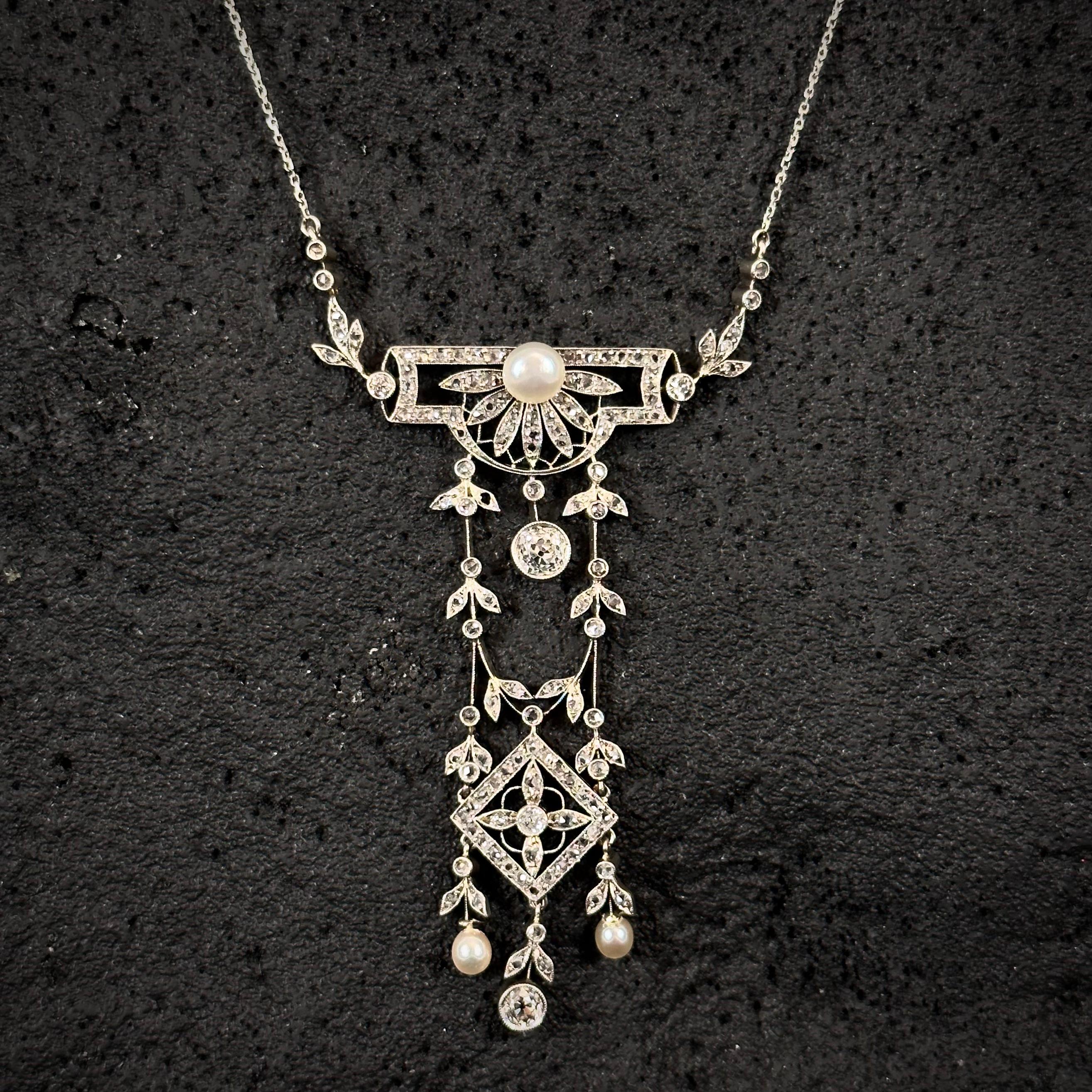 Antique La Belle Epoque Edwardian Natural Pearl Diamond Pendant Platinum Gold For Sale 5