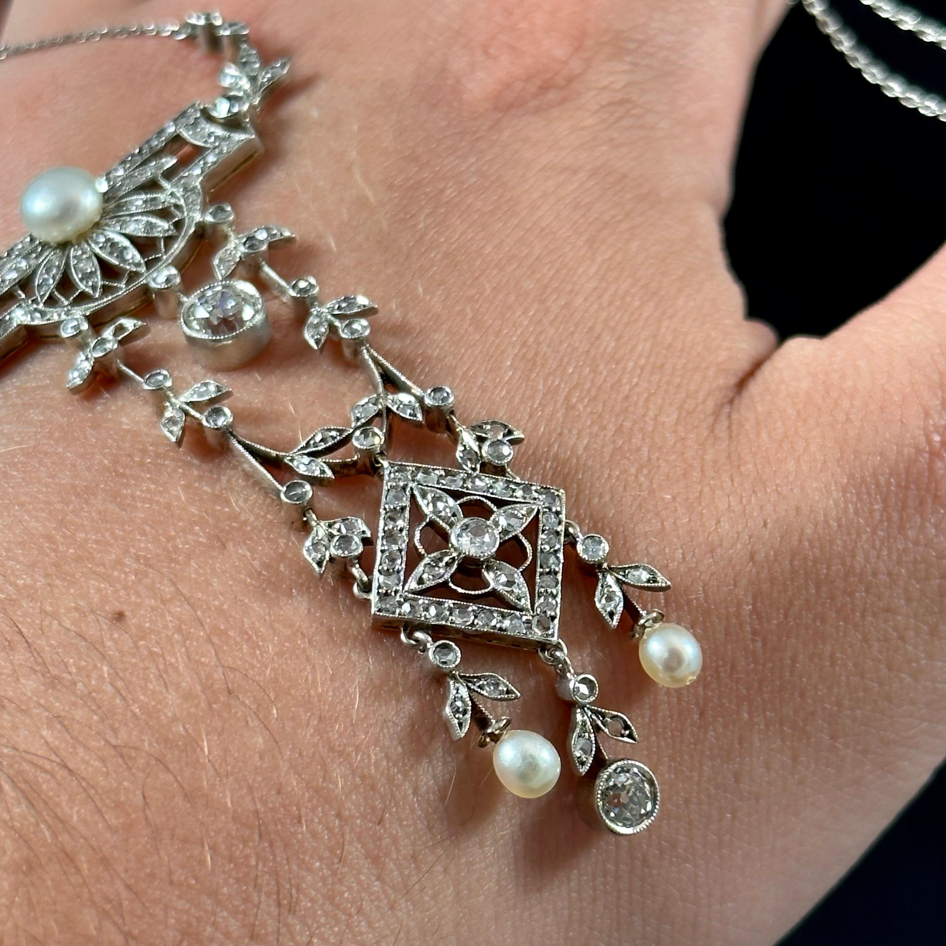 Antique La Belle Epoque Edwardian Natural Pearl Diamond Pendant Platinum Gold For Sale 1