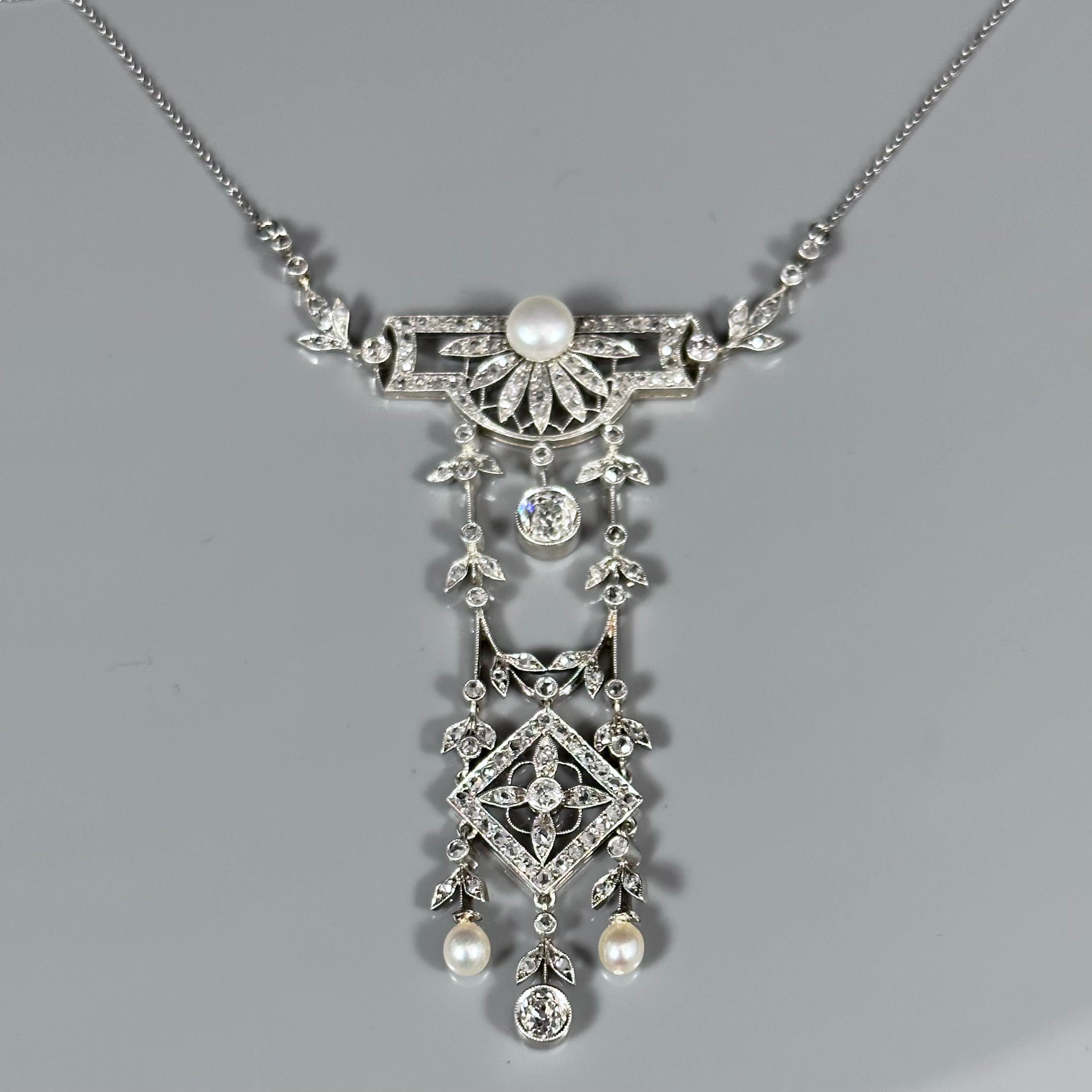 Antique La Belle Epoque Edwardian Natural Pearl Diamond Pendant Platinum Gold For Sale 2