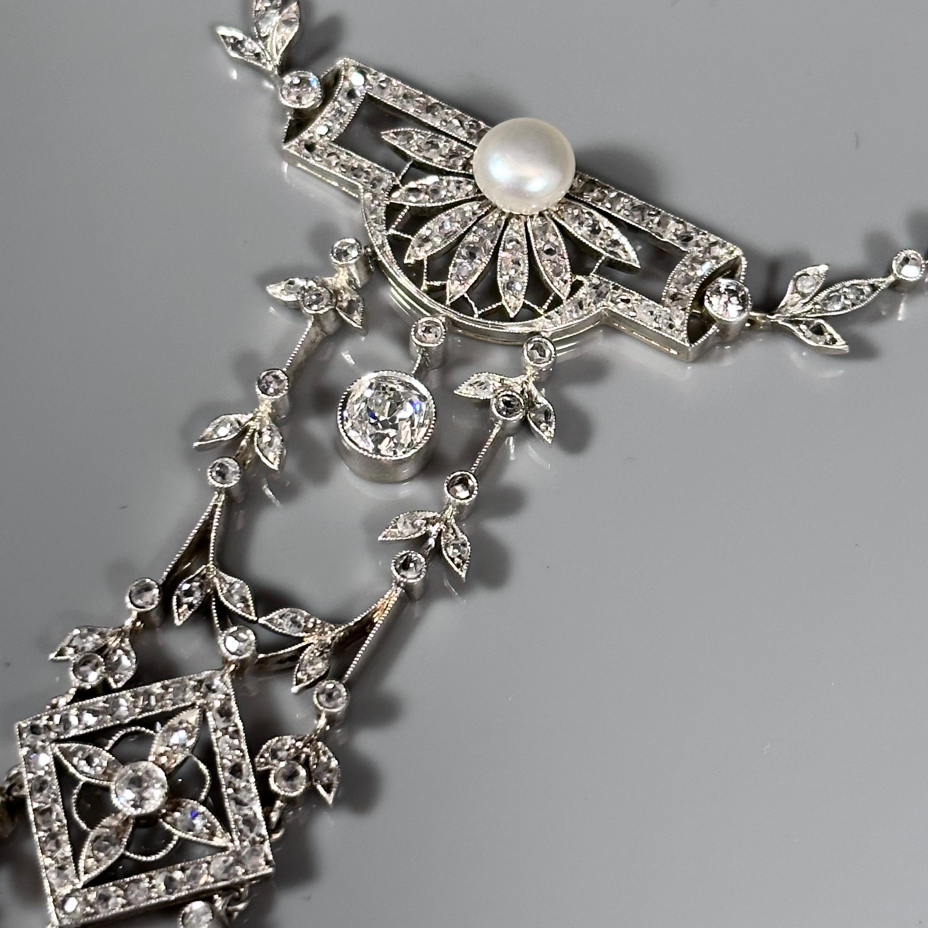 Antique La Belle Epoque Edwardian Natural Pearl Diamond Pendant Platinum Gold For Sale 3
