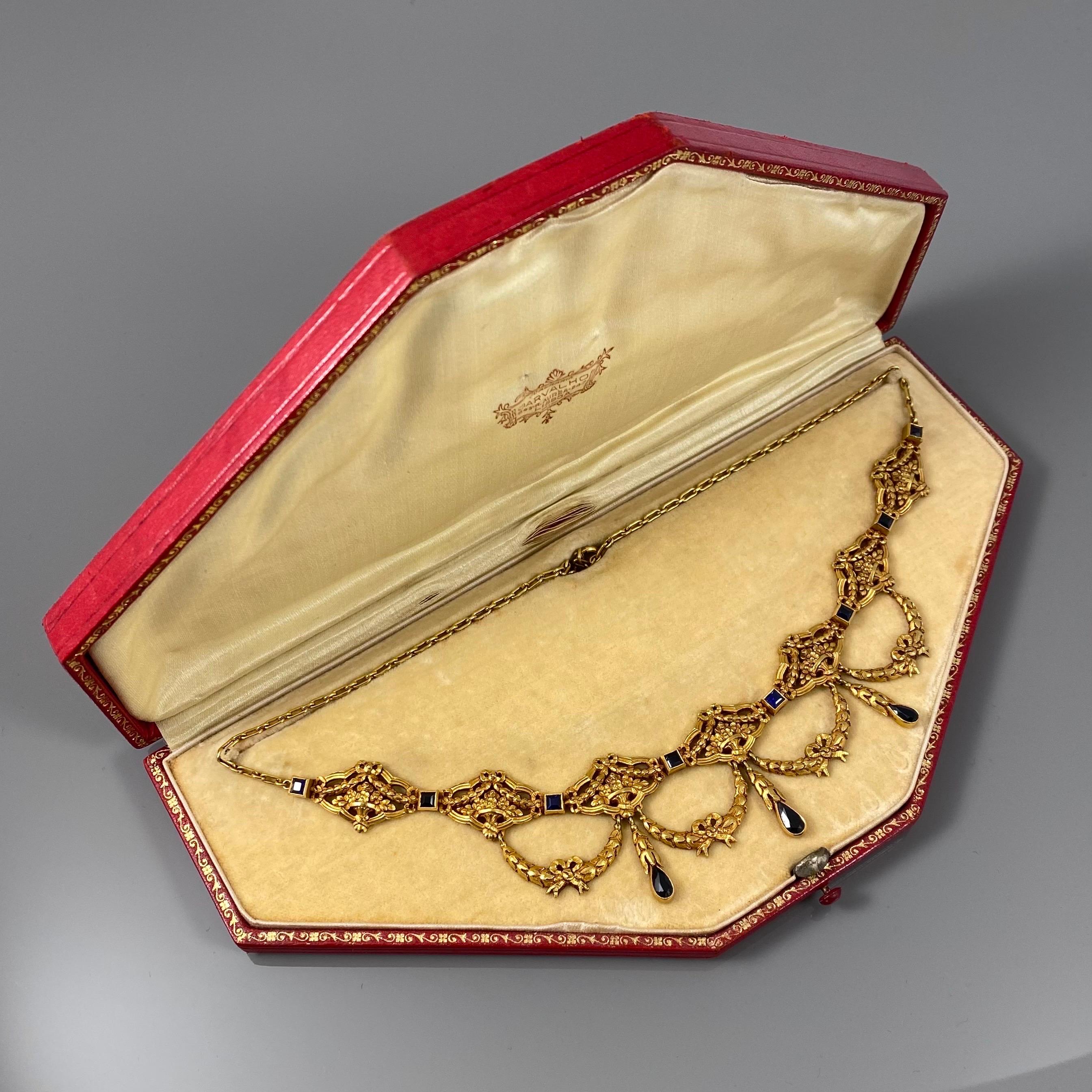 Antike antike La Belle Epoque Edwardian Saphir-Halskette Gelbgold Portugiesisch 1910er Jahre (Belle Époque)