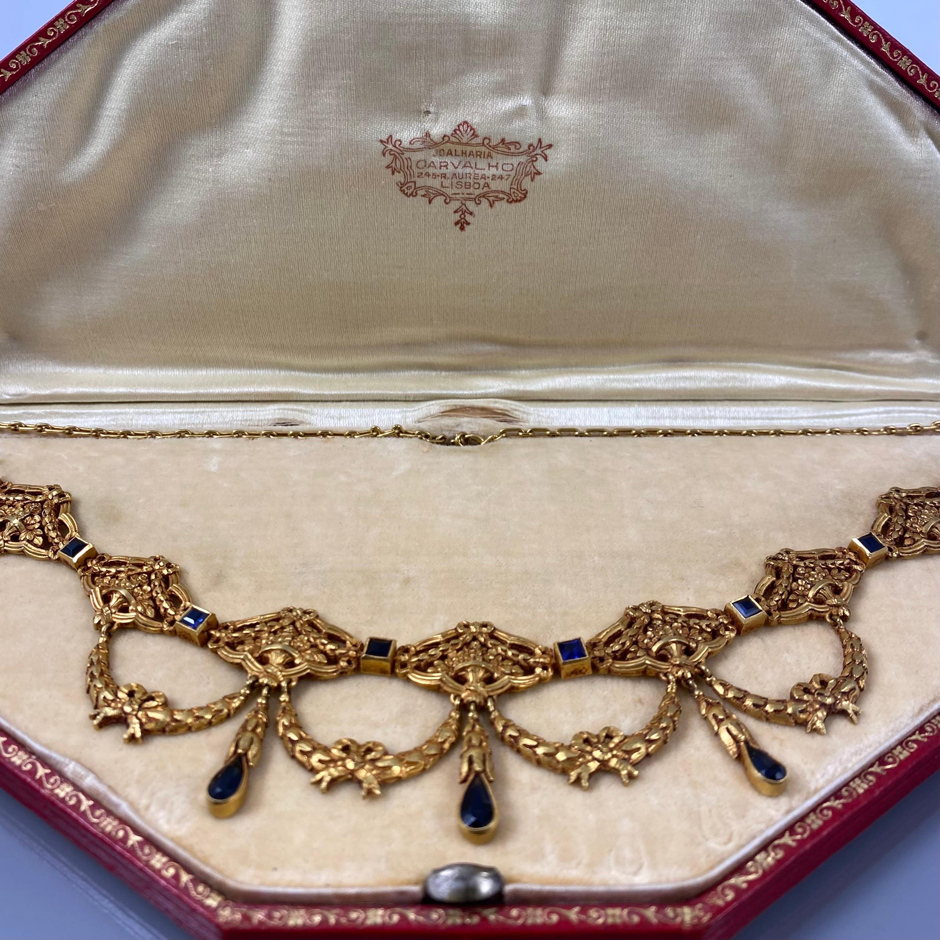 Antike antike La Belle Epoque Edwardian Saphir-Halskette Gelbgold Portugiesisch 1910er Jahre (Carréeschliff)