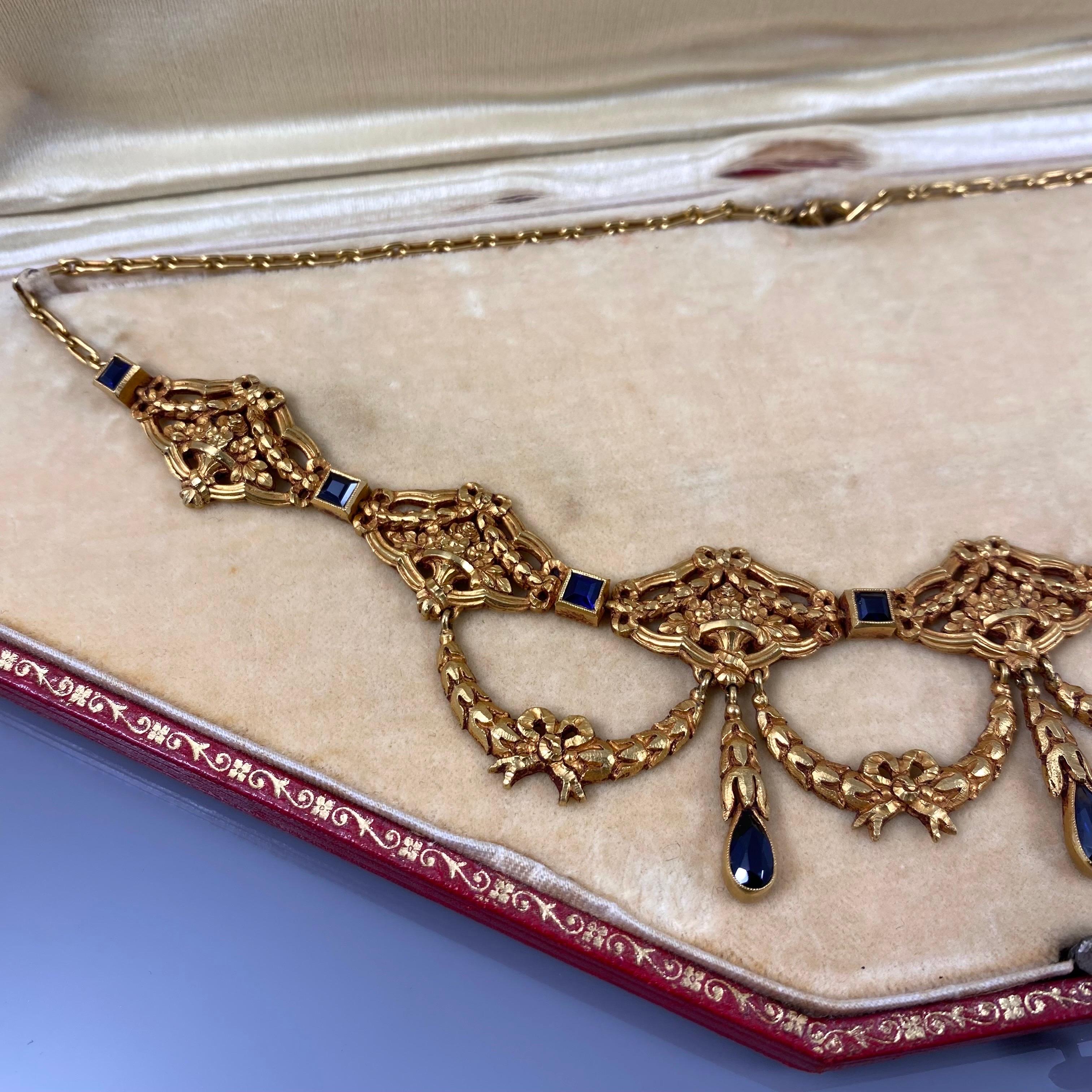 Antike antike La Belle Epoque Edwardian Saphir-Halskette Gelbgold Portugiesisch 1910er Jahre für Damen oder Herren