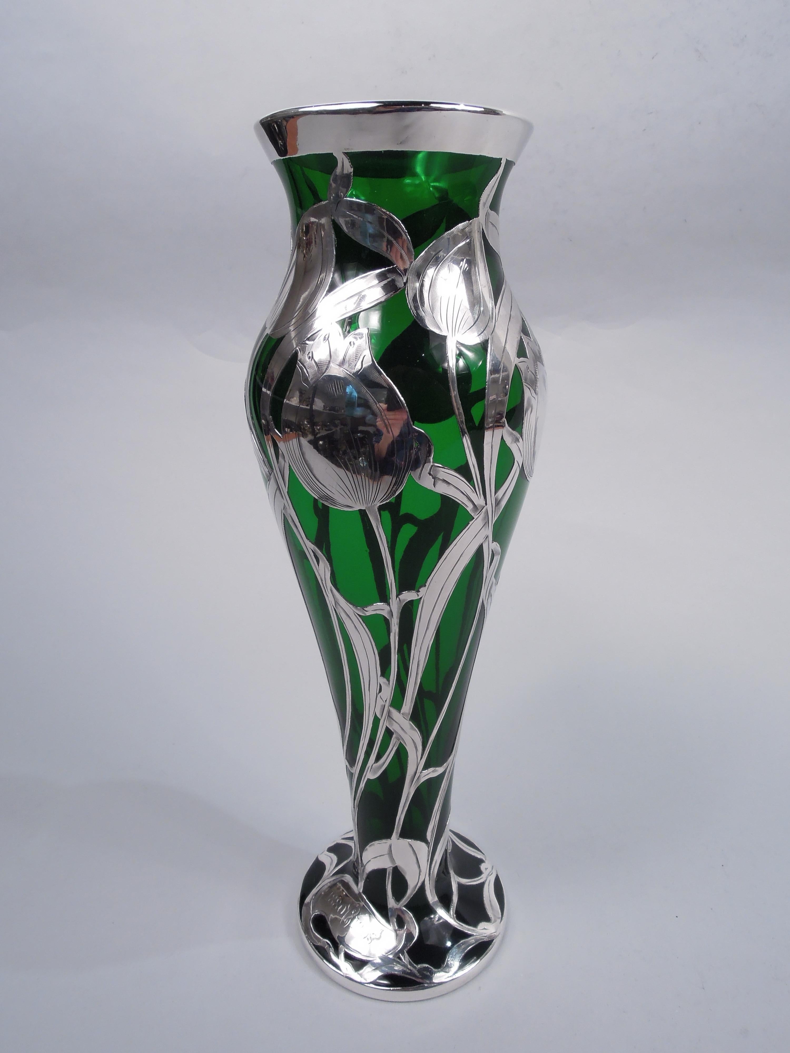 American Antique La Pierre Art Nouveau Green Tulip Silver Overlay Vase For Sale