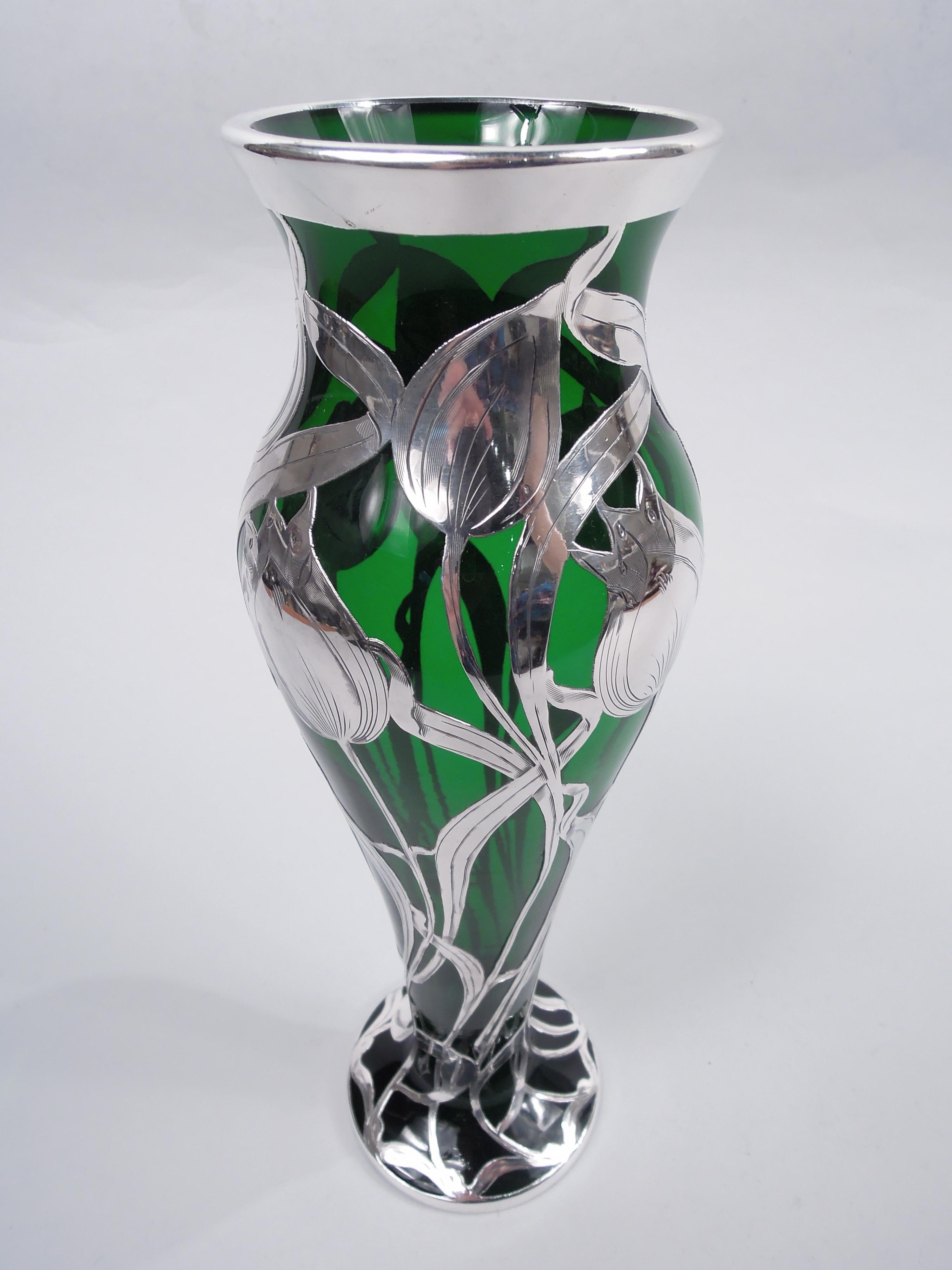 20th Century Antique La Pierre Art Nouveau Green Tulip Silver Overlay Vase For Sale