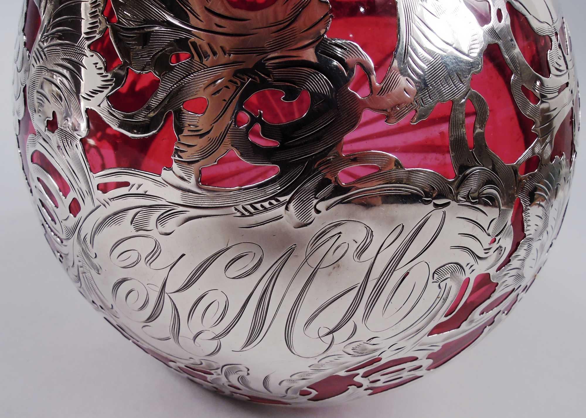 Antique La Pierre Art Nouveau Red Silver Overlay Jug Decanter 5