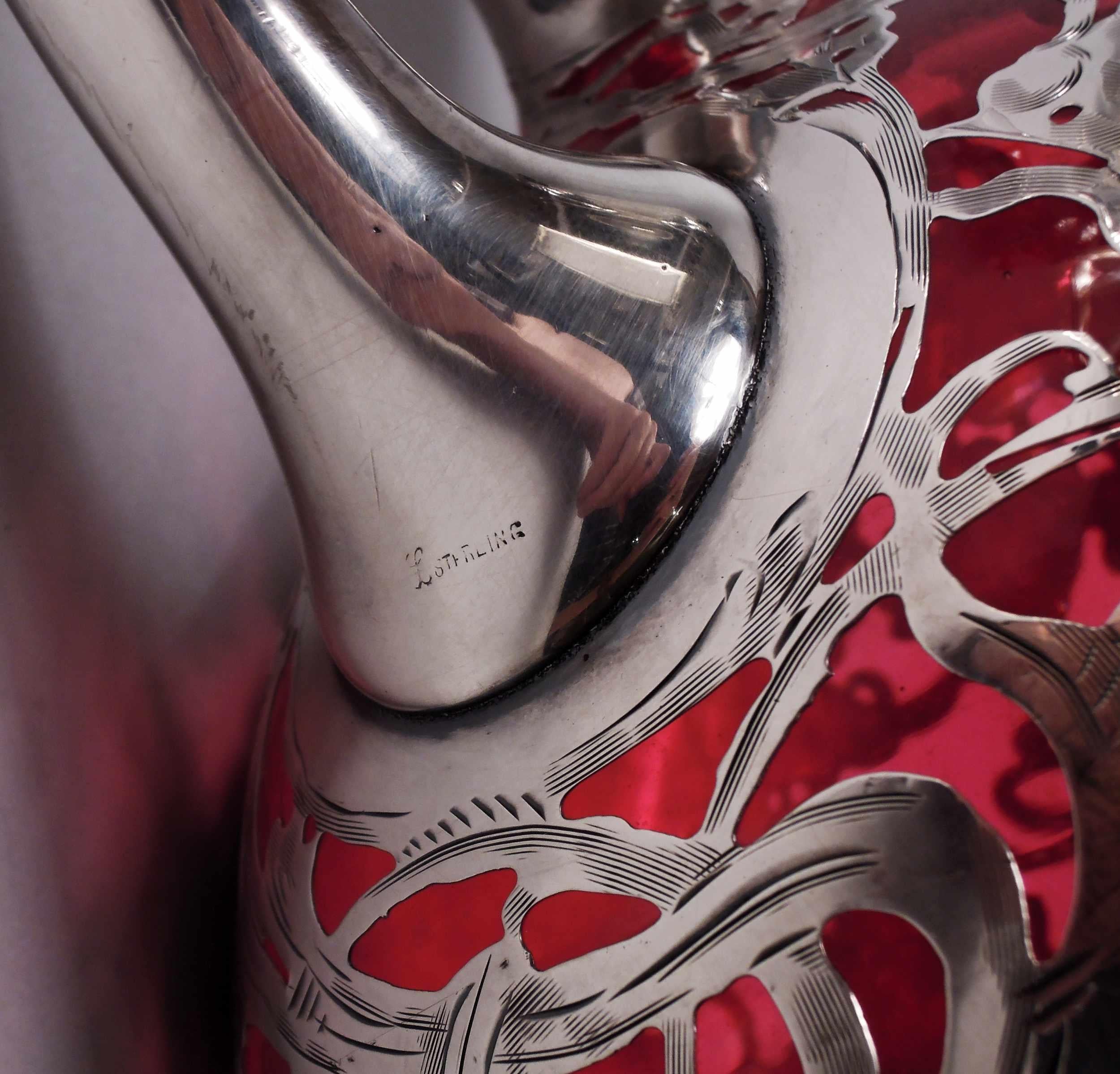 Antique La Pierre Art Nouveau Red Silver Overlay Jug Decanter 7