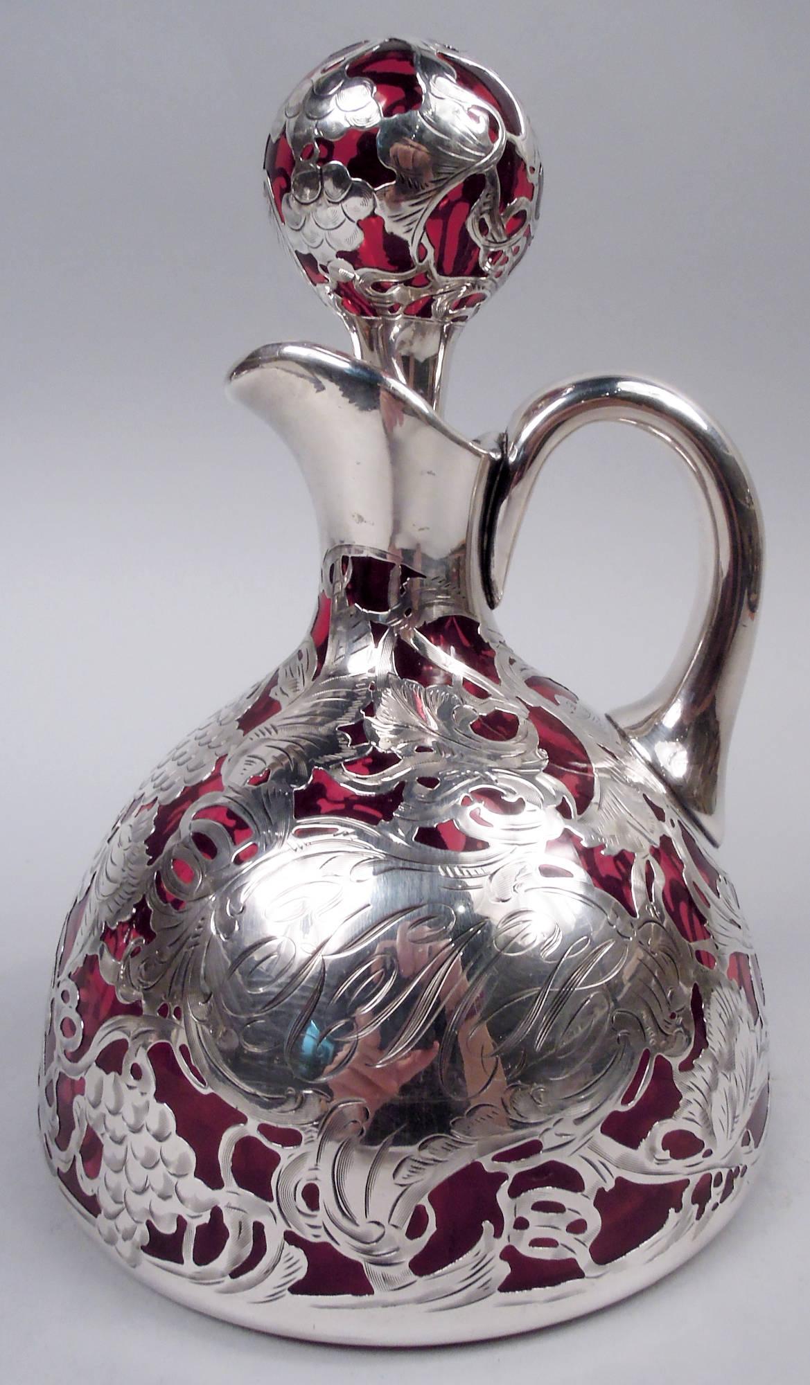American Antique La Pierre Art Nouveau Red Silver Overlay Jug Decanter