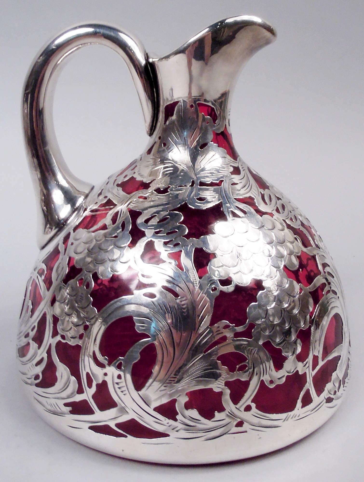 20th Century Antique La Pierre Art Nouveau Red Silver Overlay Jug Decanter