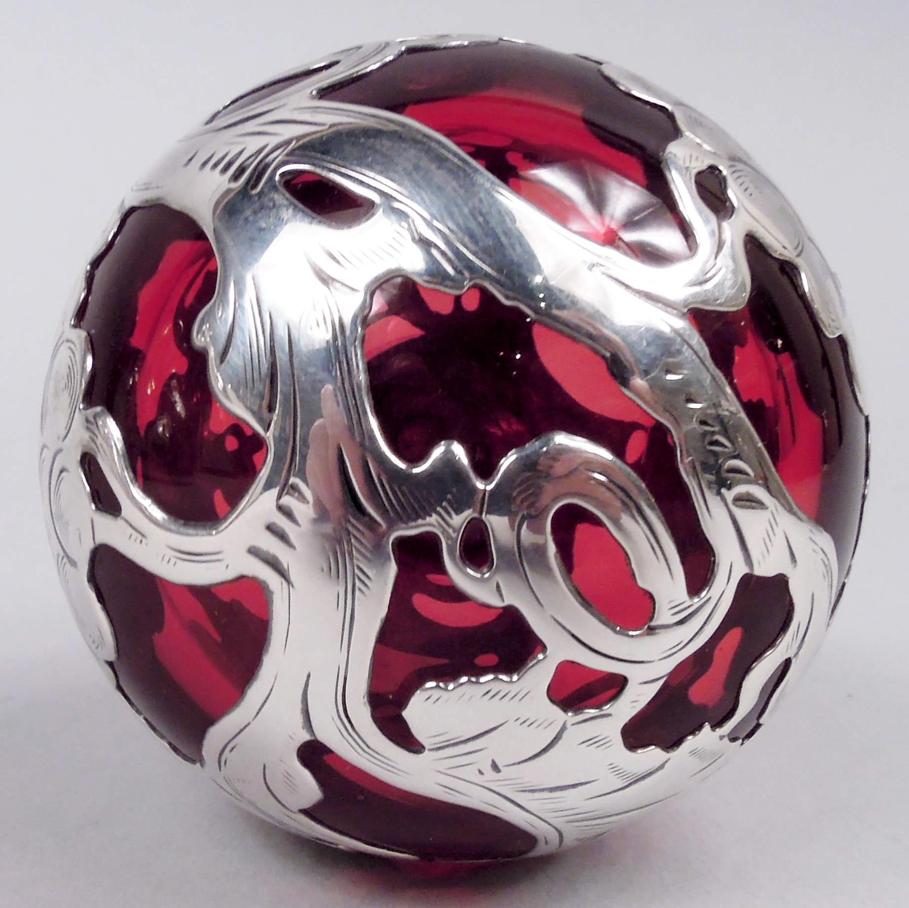 Antique La Pierre Art Nouveau Red Silver Overlay Jug Decanter 2