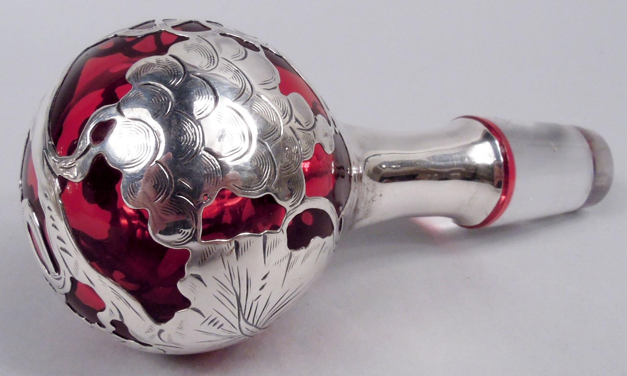 Antique La Pierre Art Nouveau Red Silver Overlay Jug Decanter 3