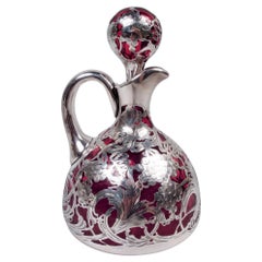 Antiquité La Pierre Art Nouveau Red Silver Overlay Jug Decanter
