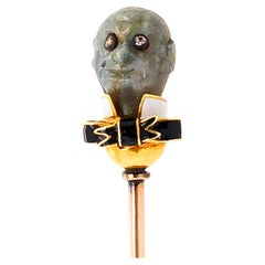 Antique Labradorite Diamond Enamel and Gold Monkey Head Stick Pin, Circa 1920