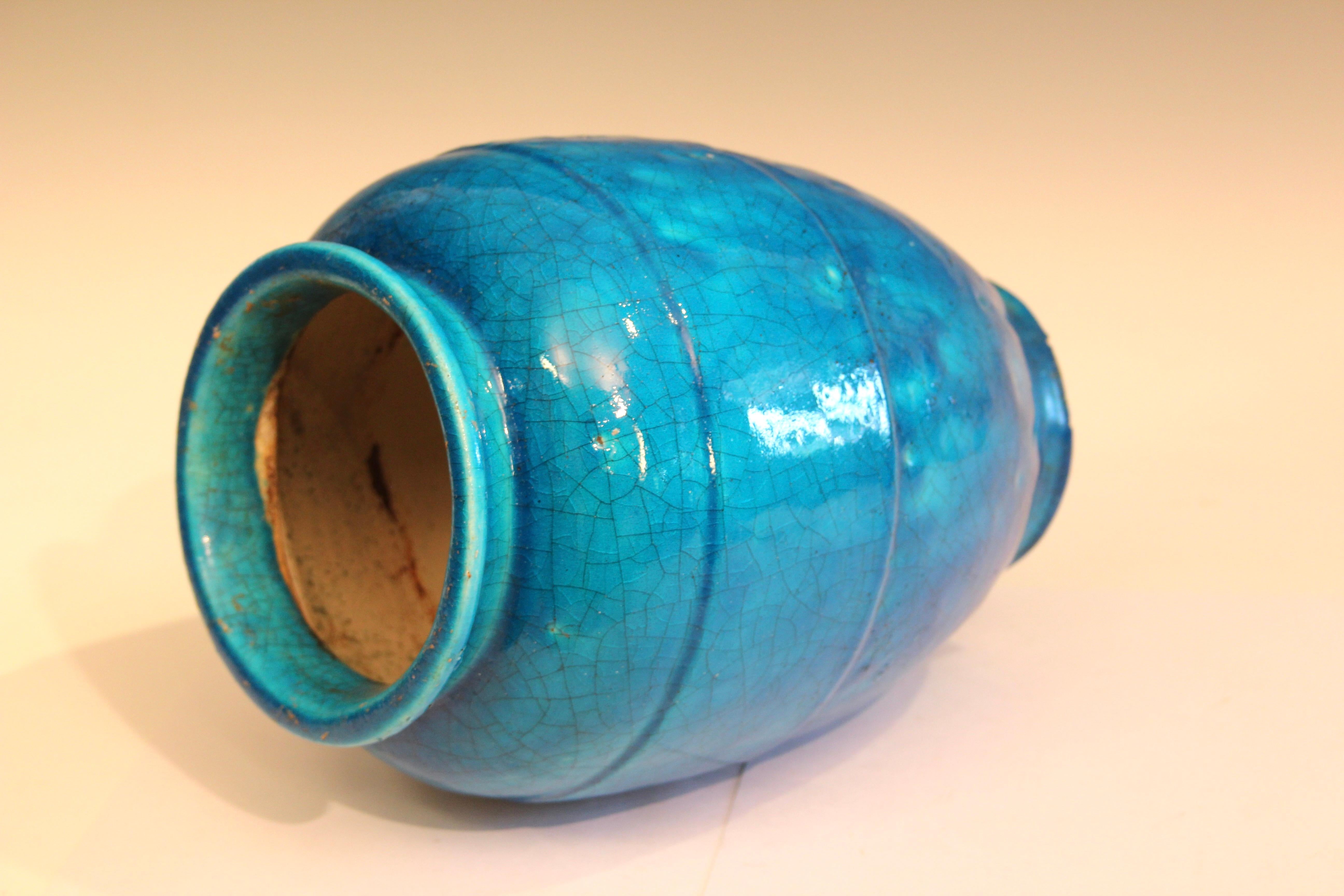 Antique Lachenal French Pottery Art Deco Turquoise Crackle Glaze Vase (Art déco) im Angebot