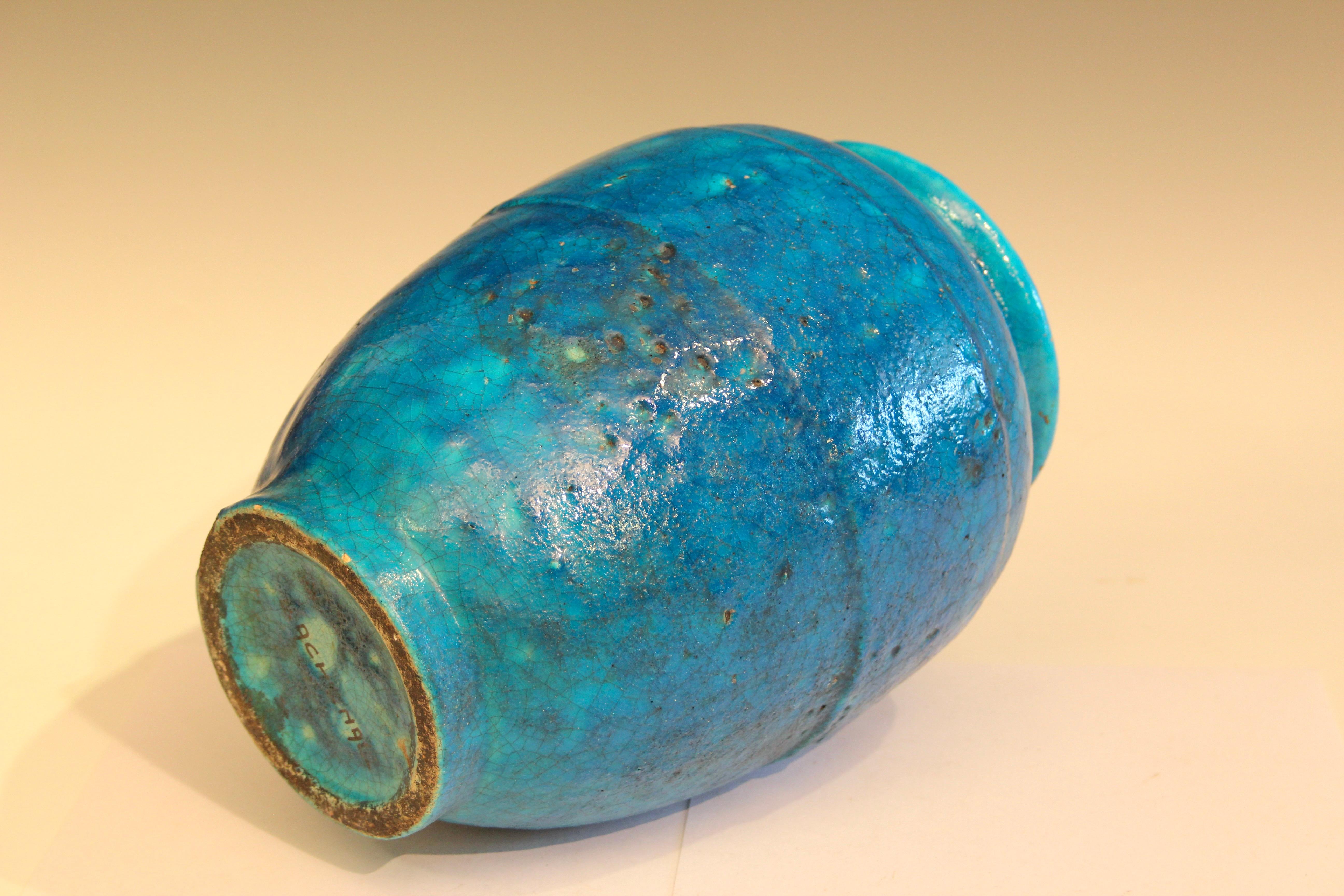 Antique Lachenal French Pottery Art Deco Turquoise Crackle Glaze Vase (Französisch) im Angebot