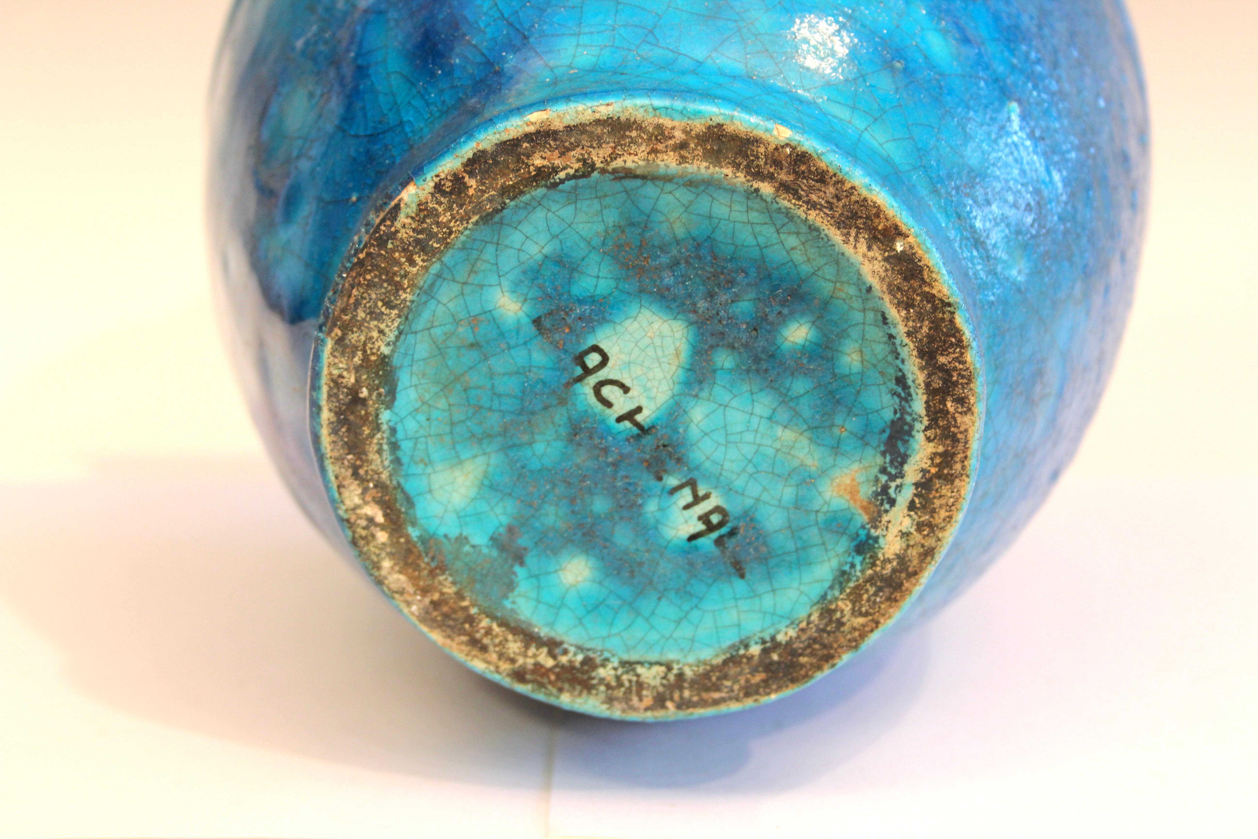 Antique Lachenal French Pottery Art Deco Turquoise Crackle Glaze Vase (Glasiert) im Angebot