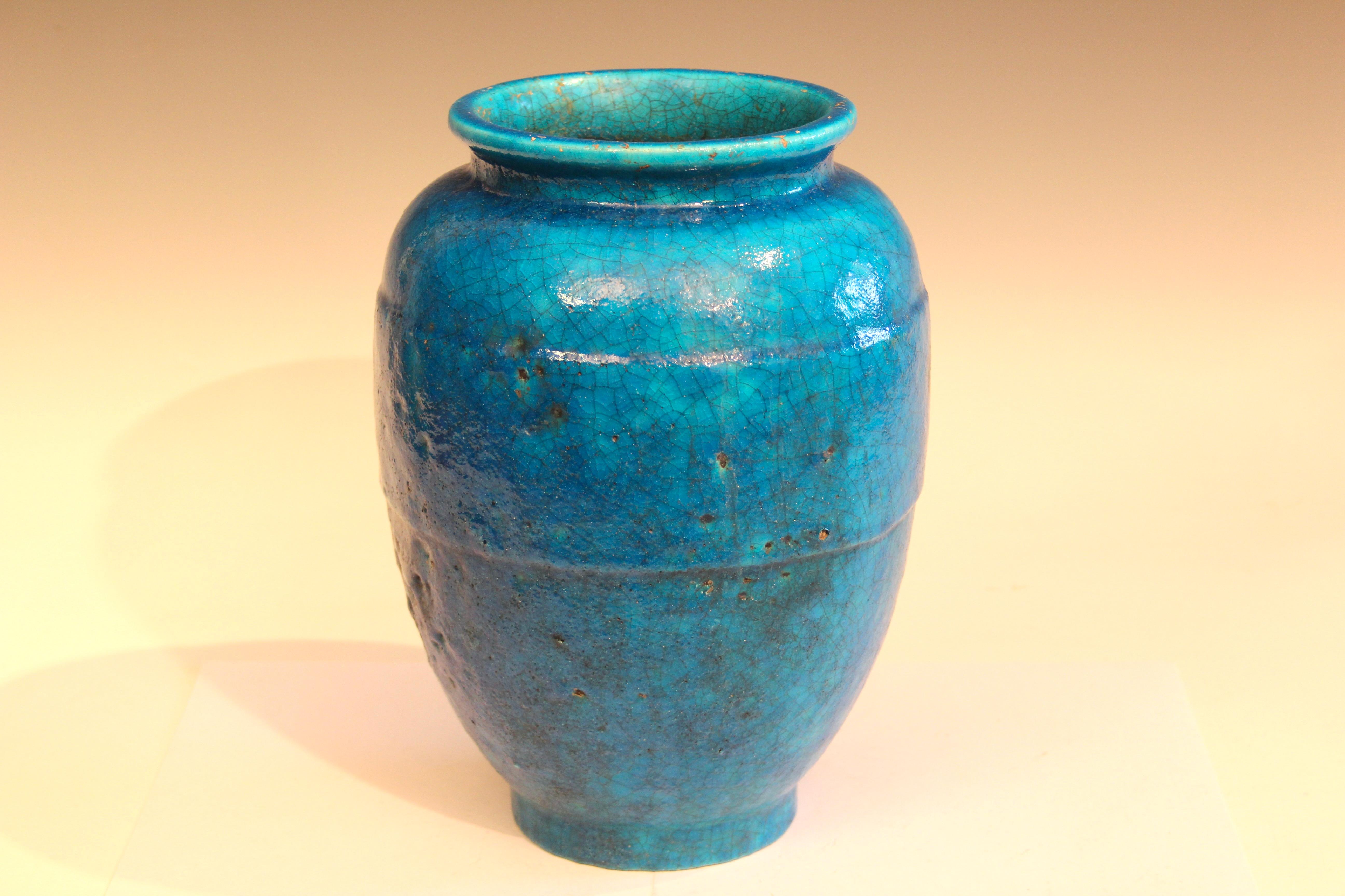 Antique Lachenal French Pottery Art Deco Turquoise Crackle Glaze Vase im Zustand „Gut“ im Angebot in Wilton, CT