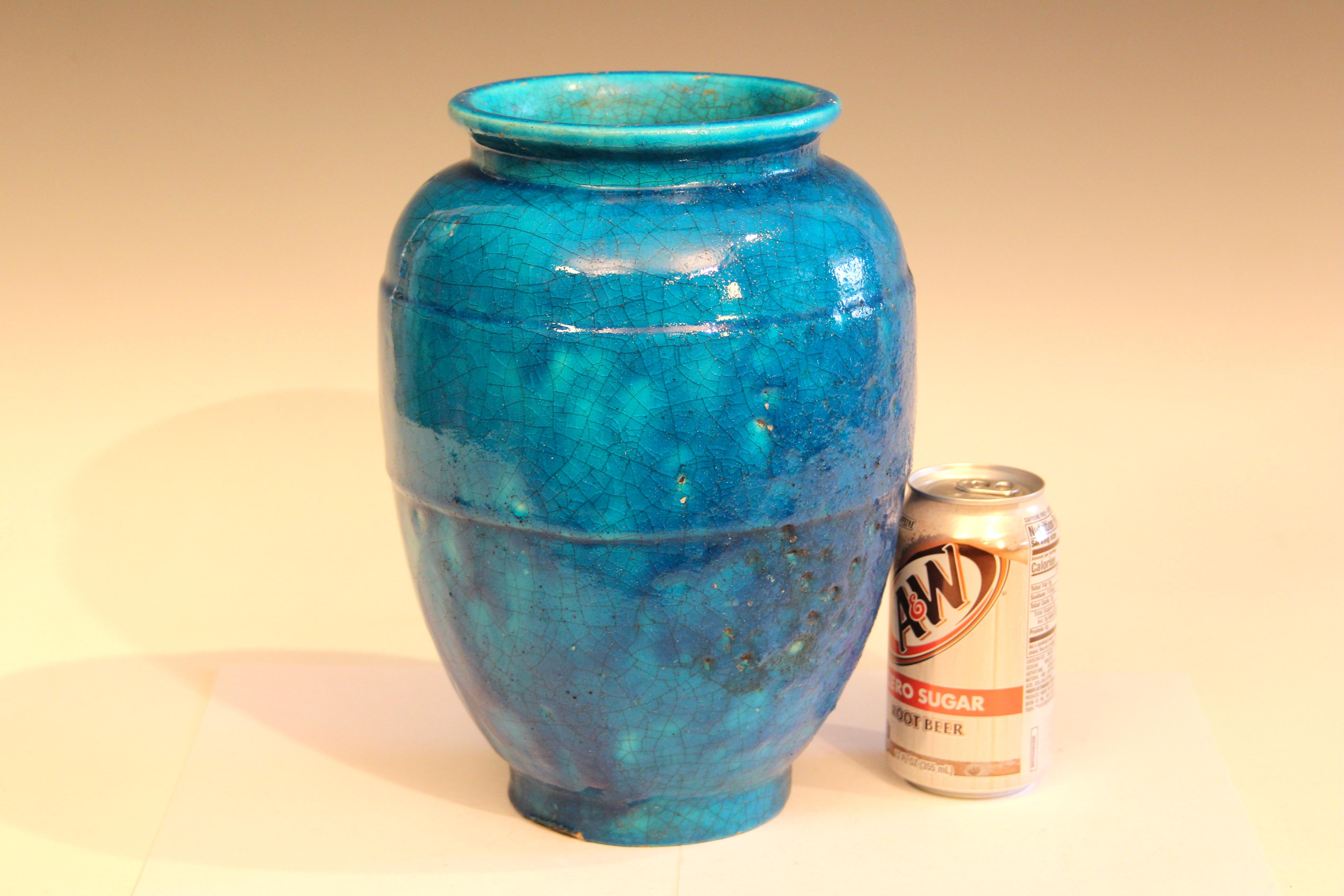 Poteries Antique Lachenal French Pottery Art Deco Turquoise Crackle Glaze Vase en vente