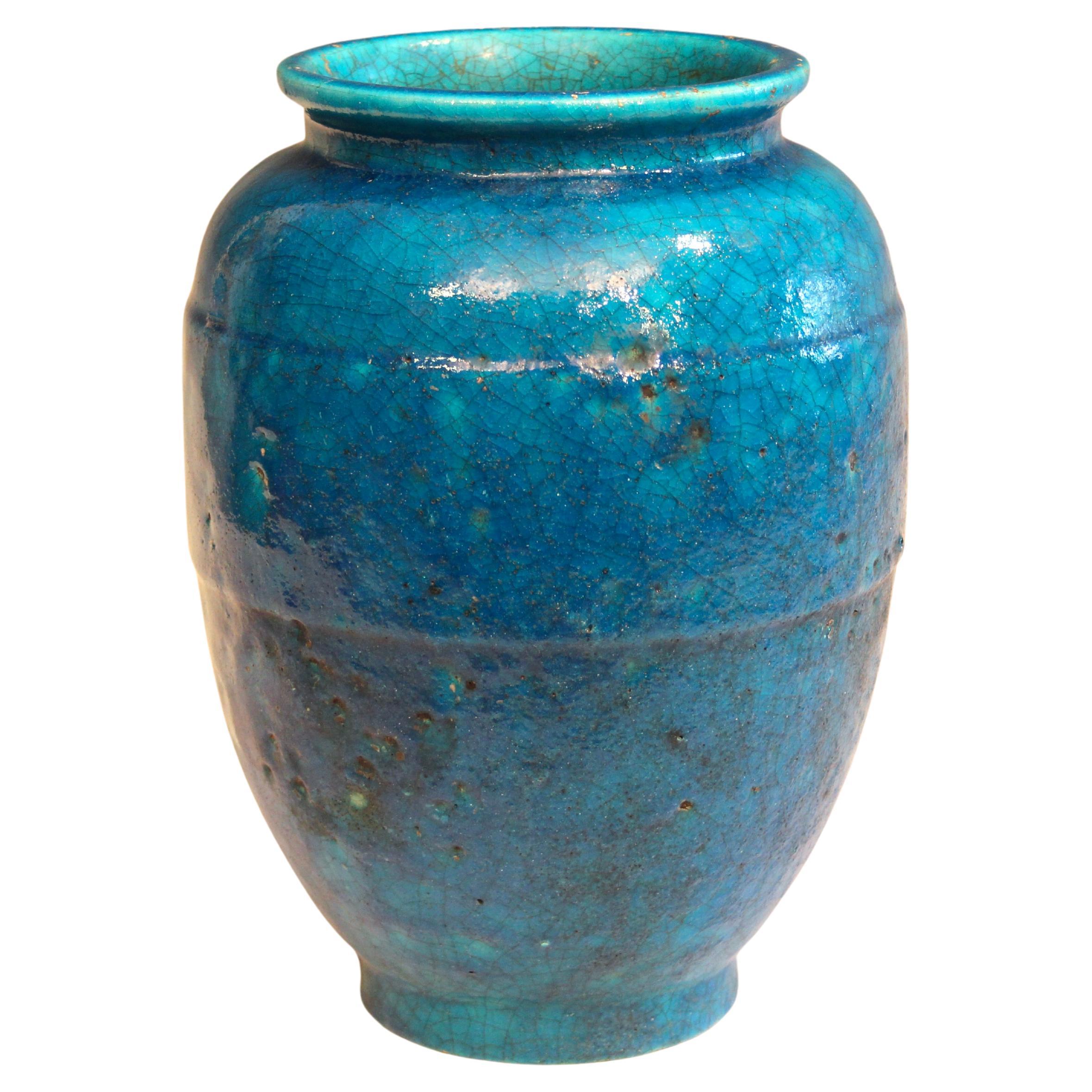 Antique Lachenal French Pottery Art Deco Turquoise Crackle Glaze Vase im Angebot