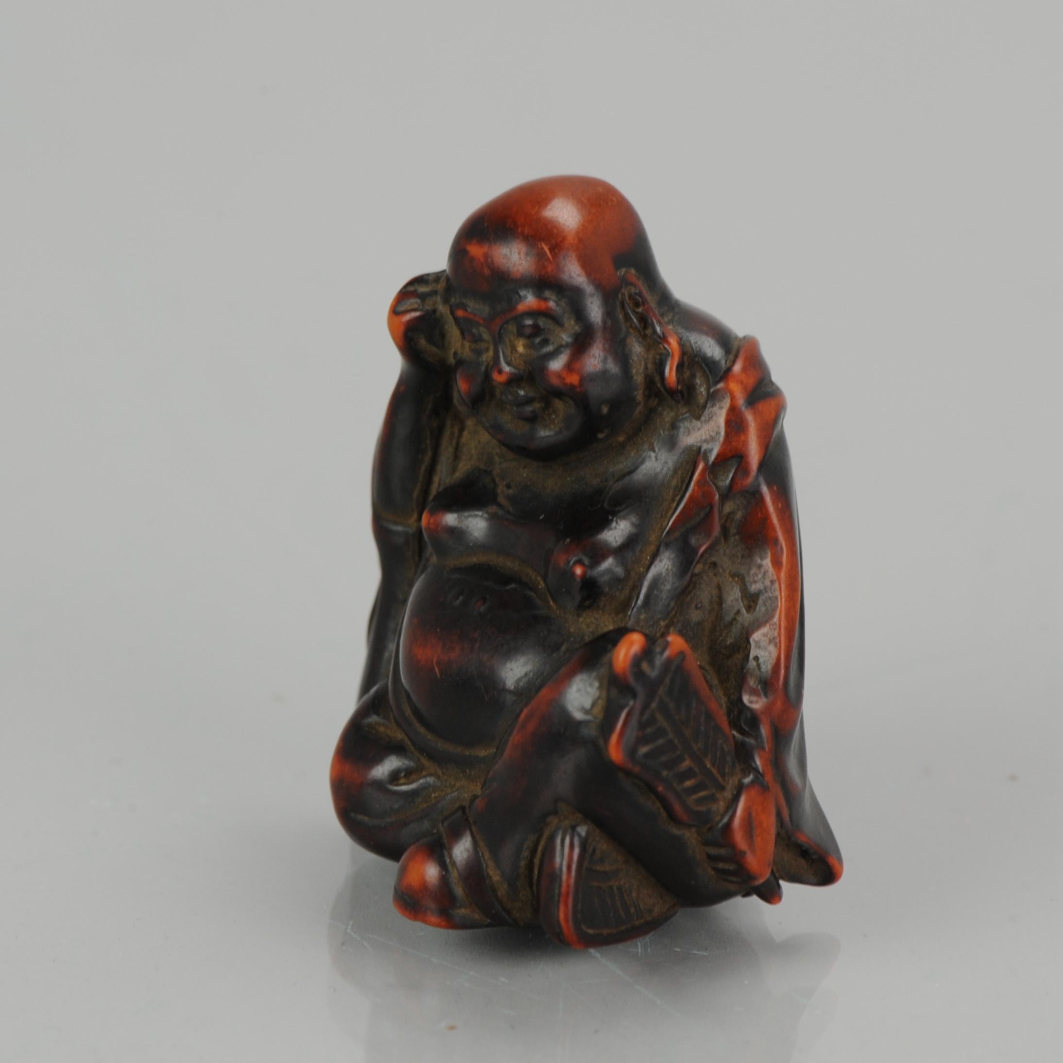 Porcelain Antique Lacquer or Ceramic Netsuke Hotei with Fan 19th Century, Japanese, Japan