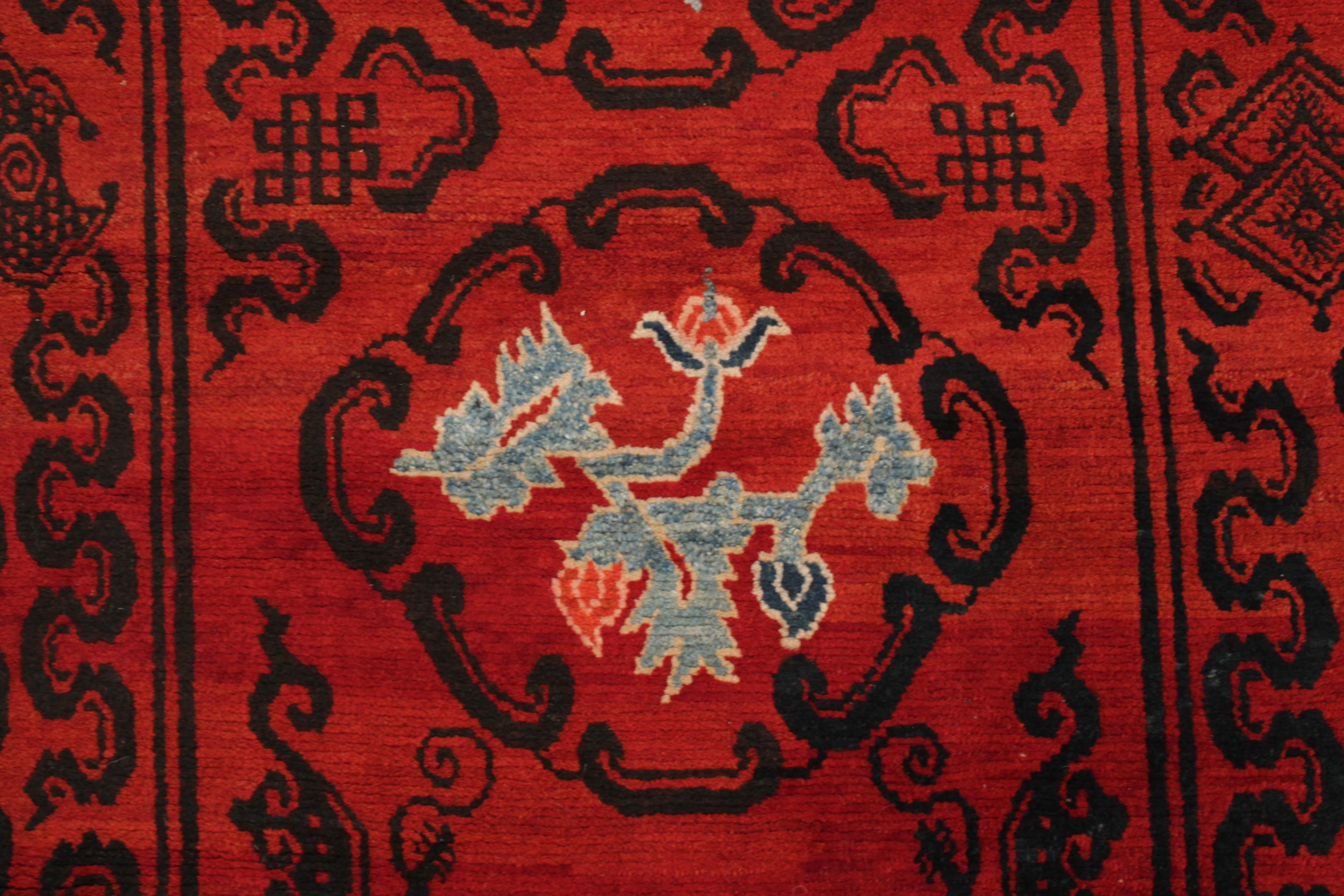 Hand-Knotted Antique Lacquer Red Tibetan Khaden Rug with Lotus Flowers and Cloud Bands For Sale
