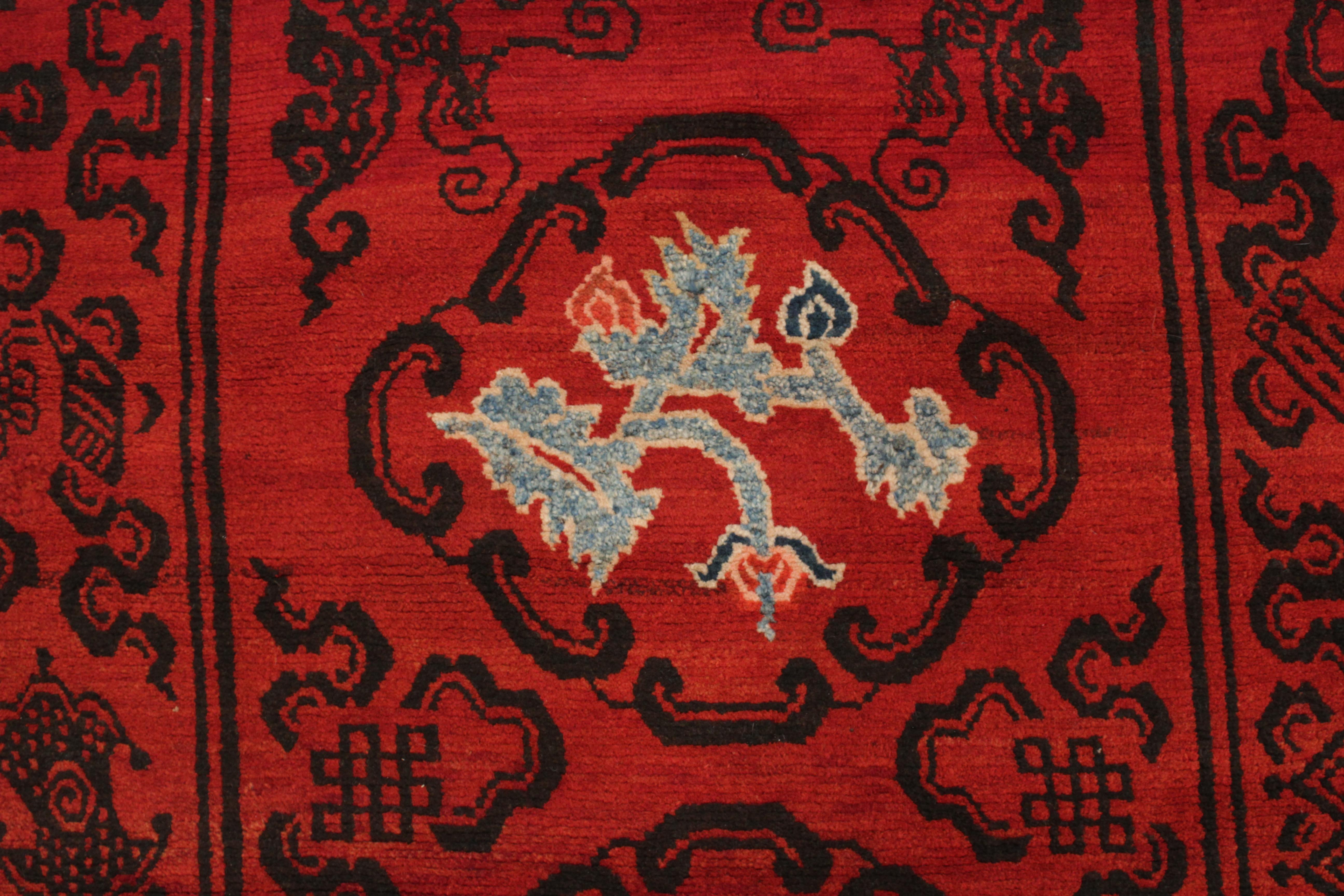 Antique Lacquer Red Tibetan Khaden Rug with Lotus Flowers and Cloud Bands In Good Condition For Sale In Milan, IT