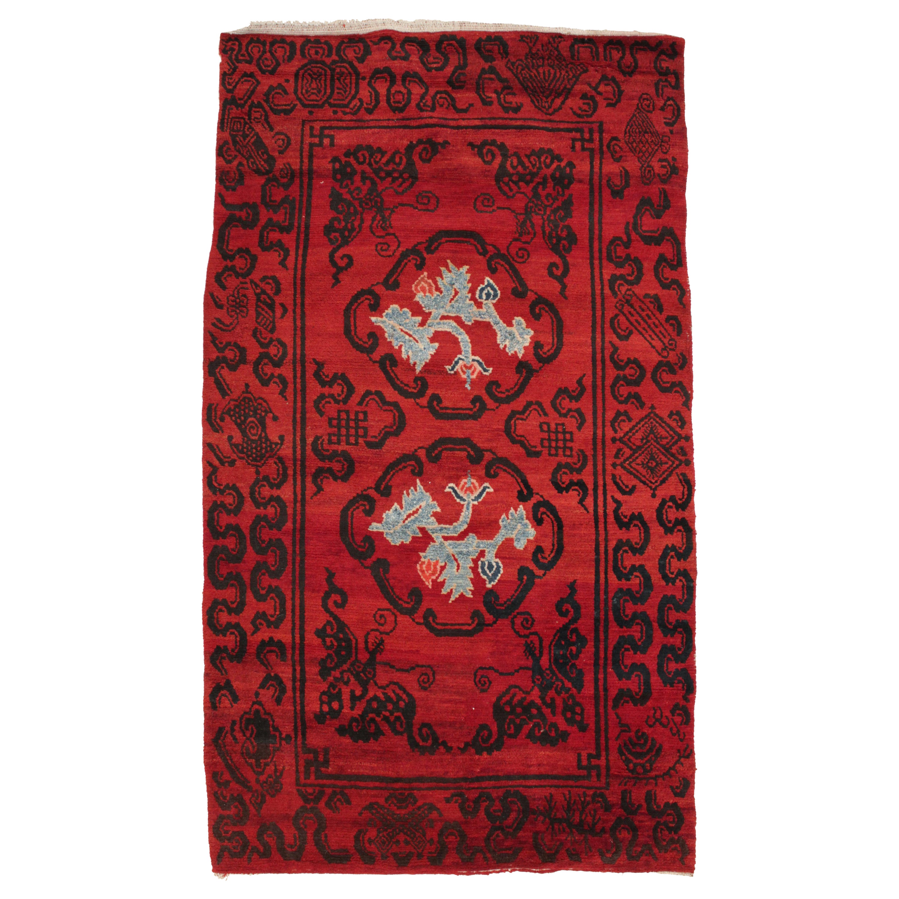 Antique Lacquer Red Tibetan Khaden Rug with Lotus Flowers and Cloud Bands