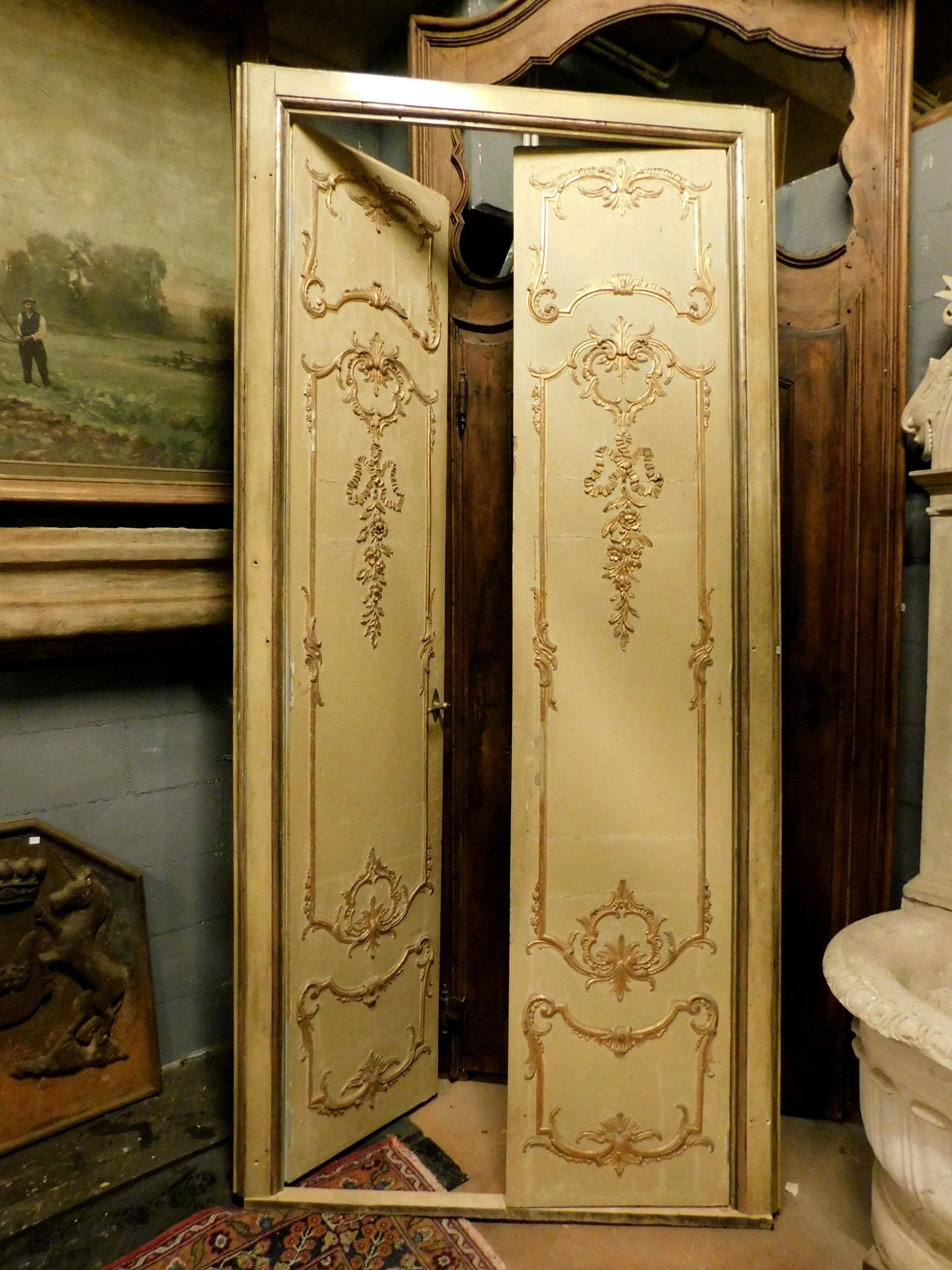 Italian Antique Lacquered and Gilded Double Door with Frame, 19th Century, Milan 'Italy'