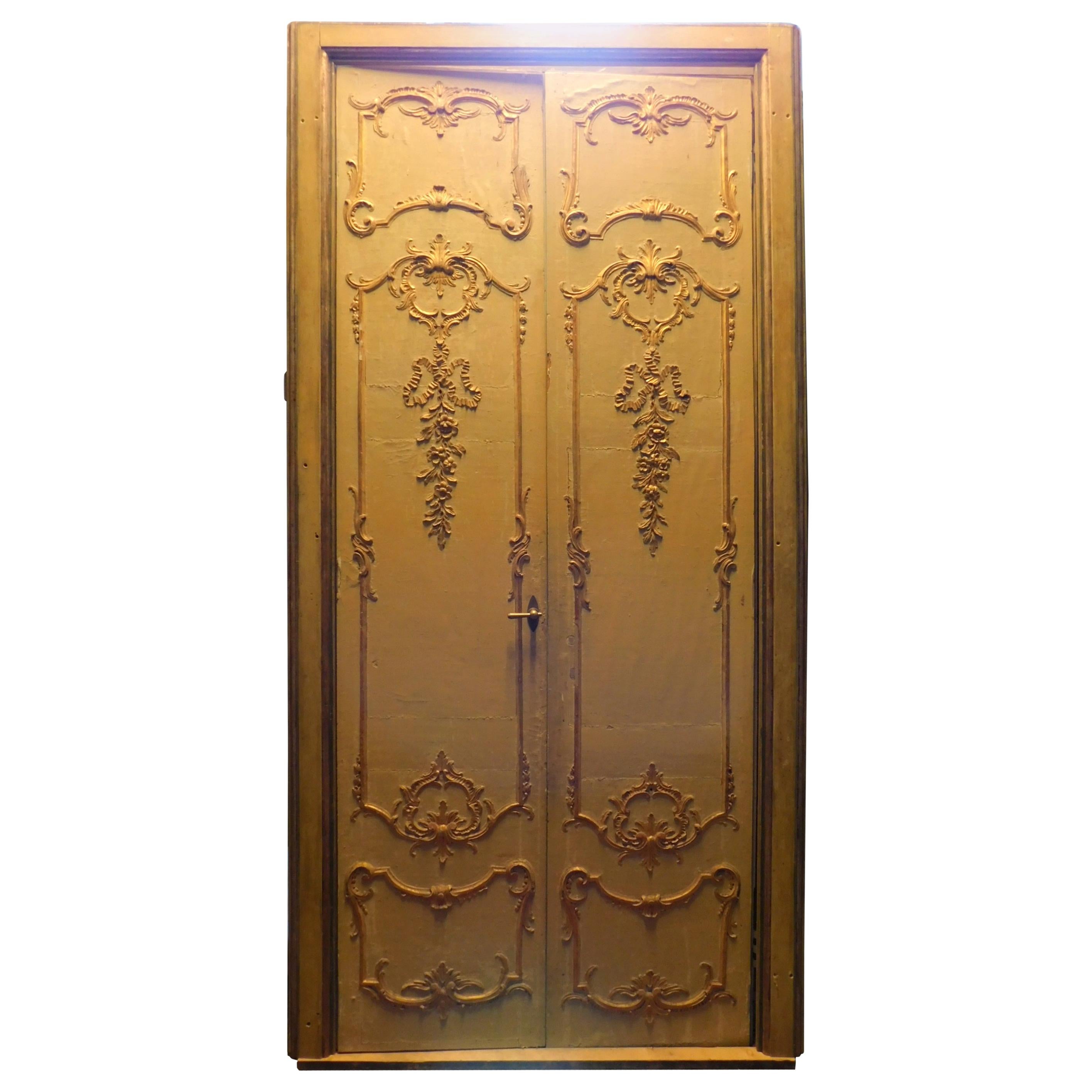 Antique Lacquered and Gilded Double Door with Frame, 19th Century, Milan 'Italy'