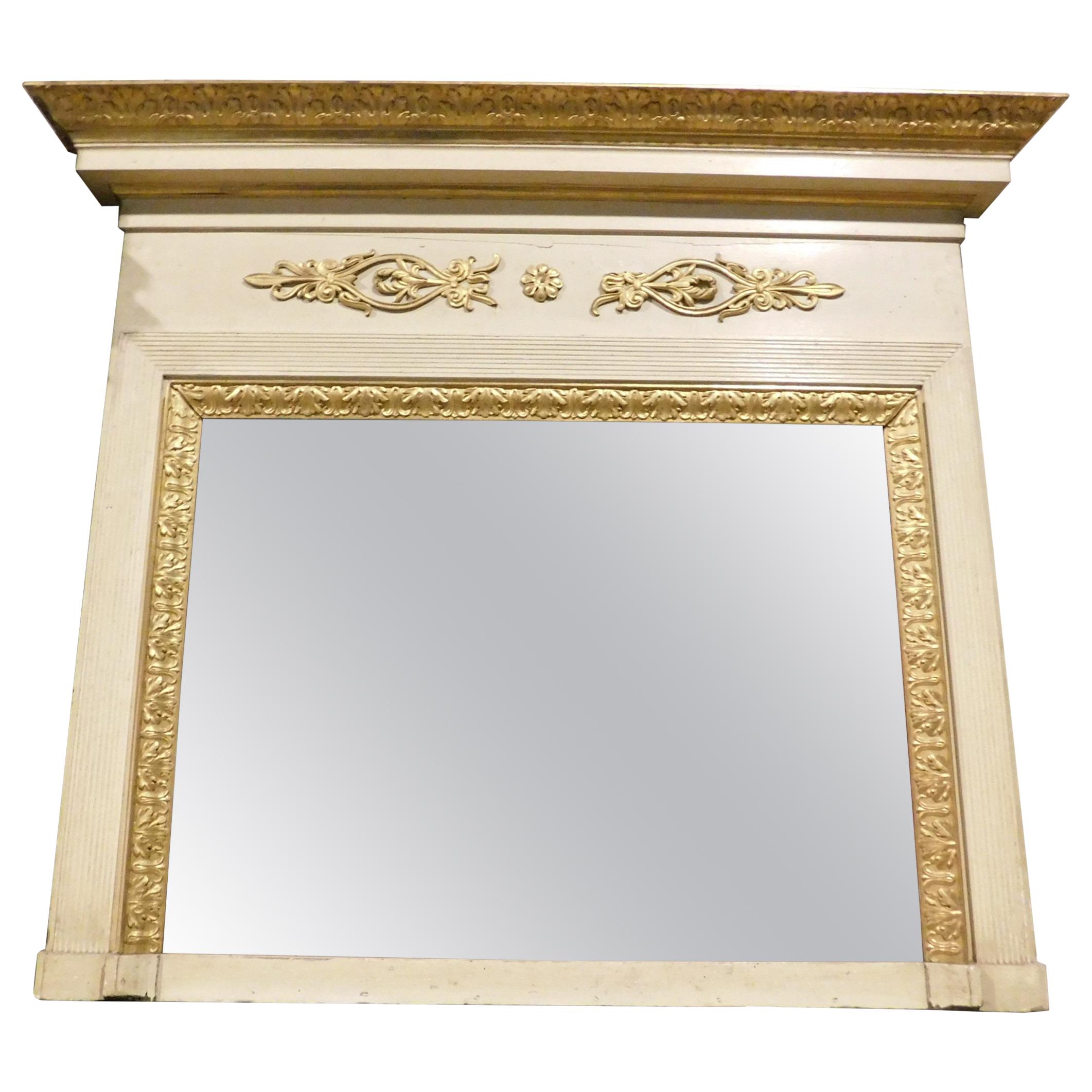 Antique Lacquered and Gilded Fireplace Mirror with Friezes and Hat, 1800, Italy