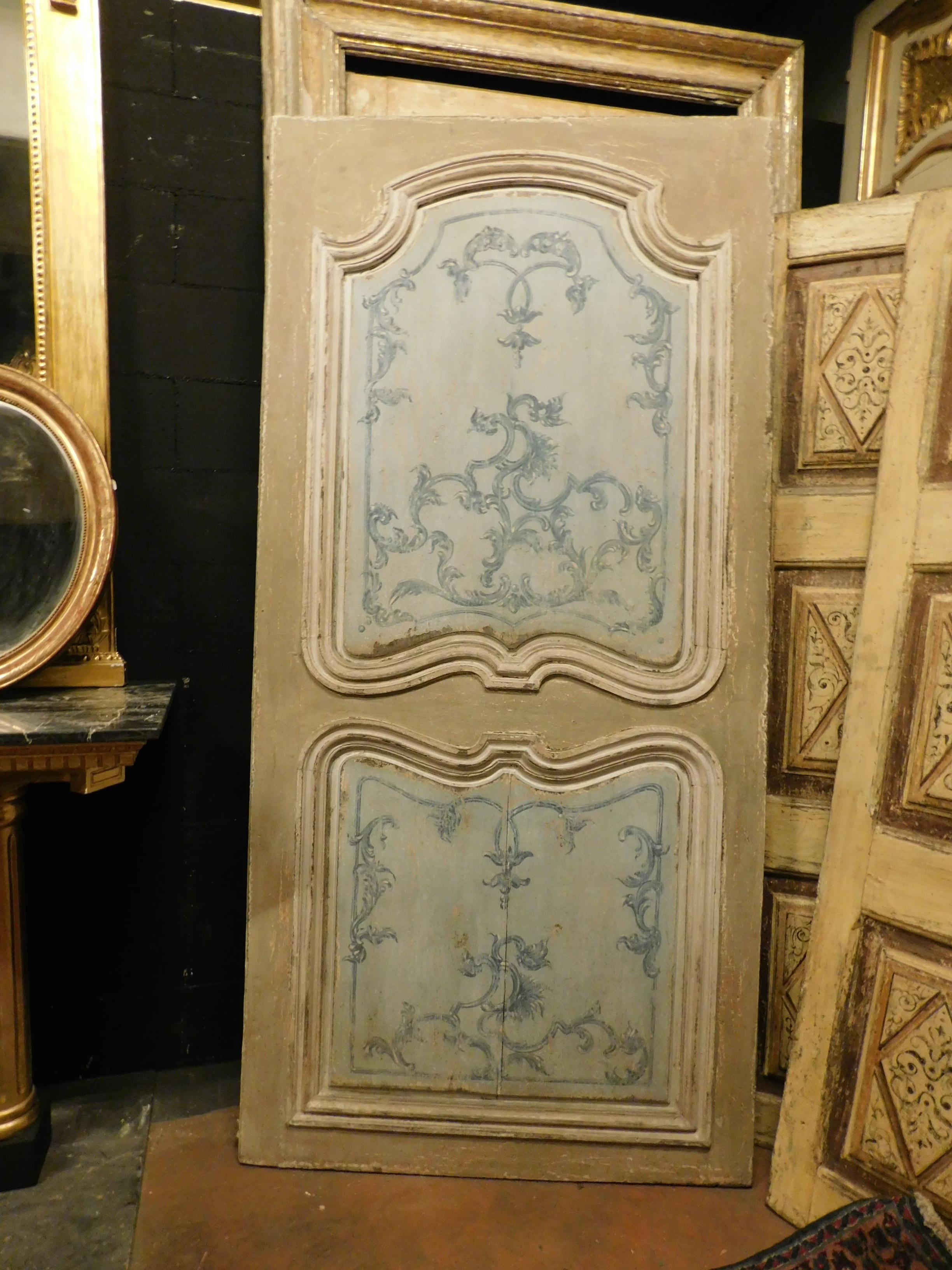 Italian Antique Lacquered and Painted Door, Blue on Both Sides, Early 18th Century Italy For Sale