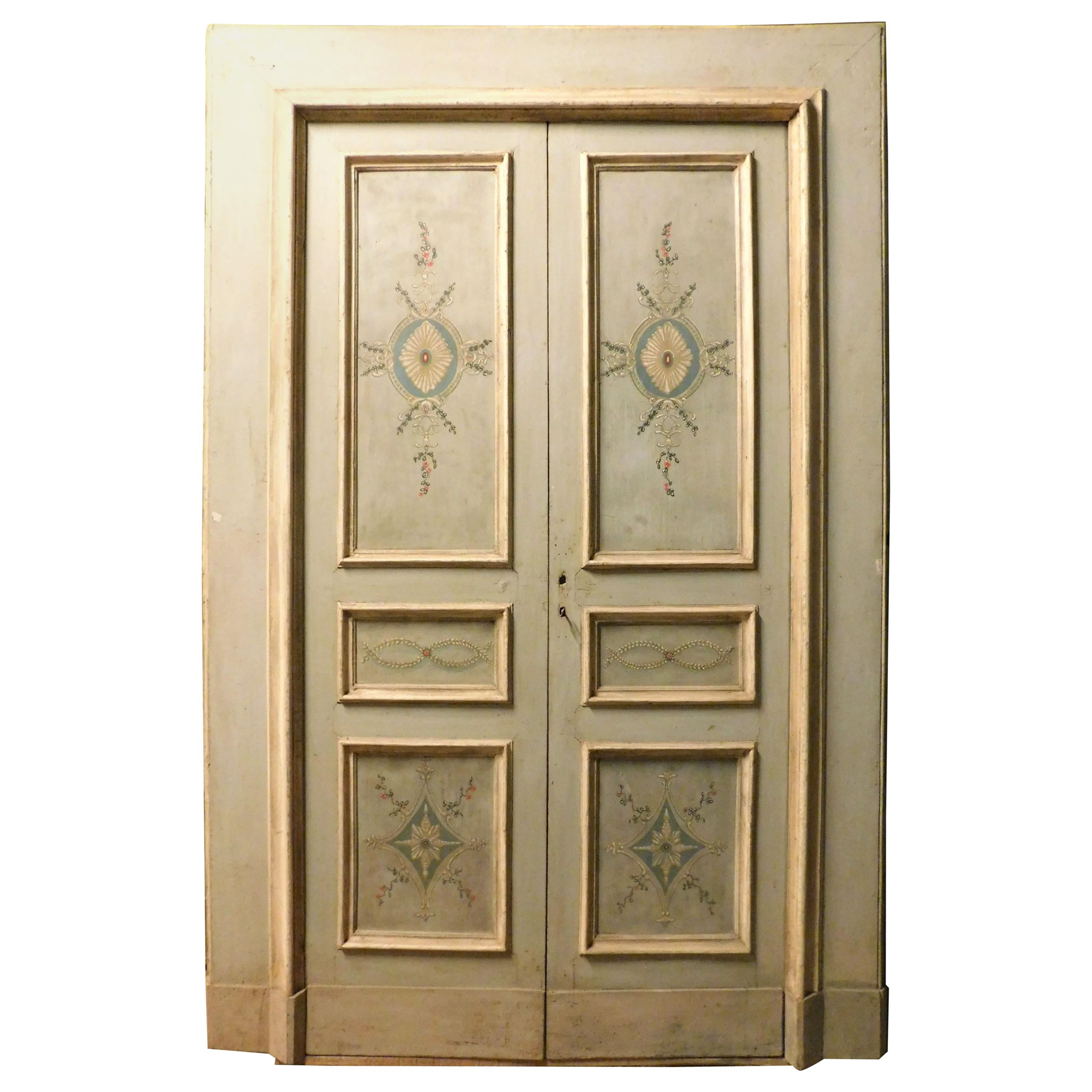 Antique Lacquered and Painted Door with Frame, Light Blue, 18th Century, Italy For Sale